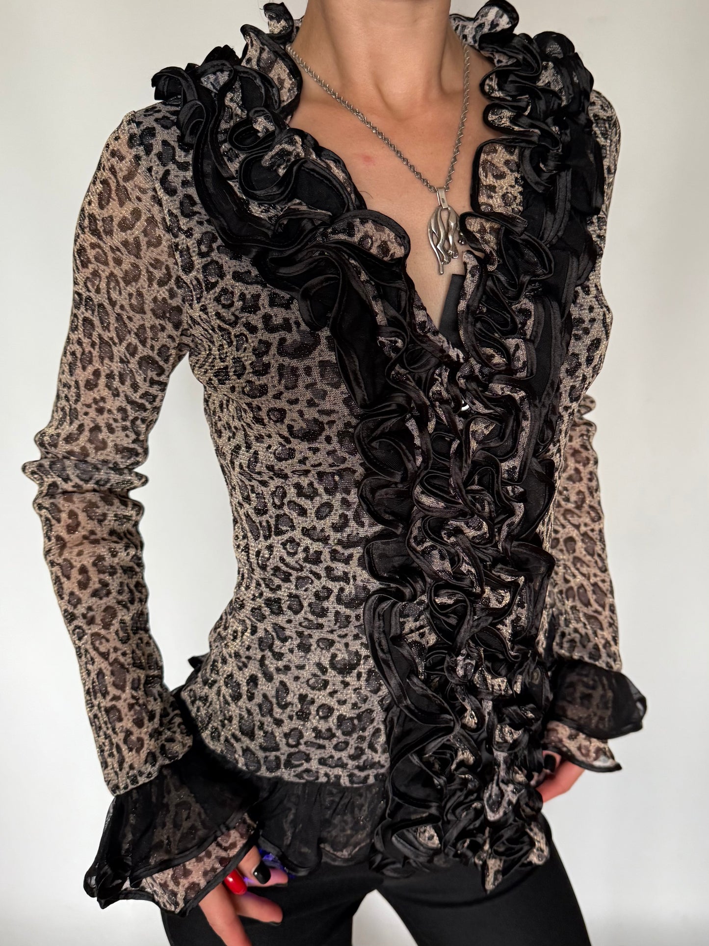 Vintage Leopard Ruffle Mesh Peplum Blouse Twinkling Global