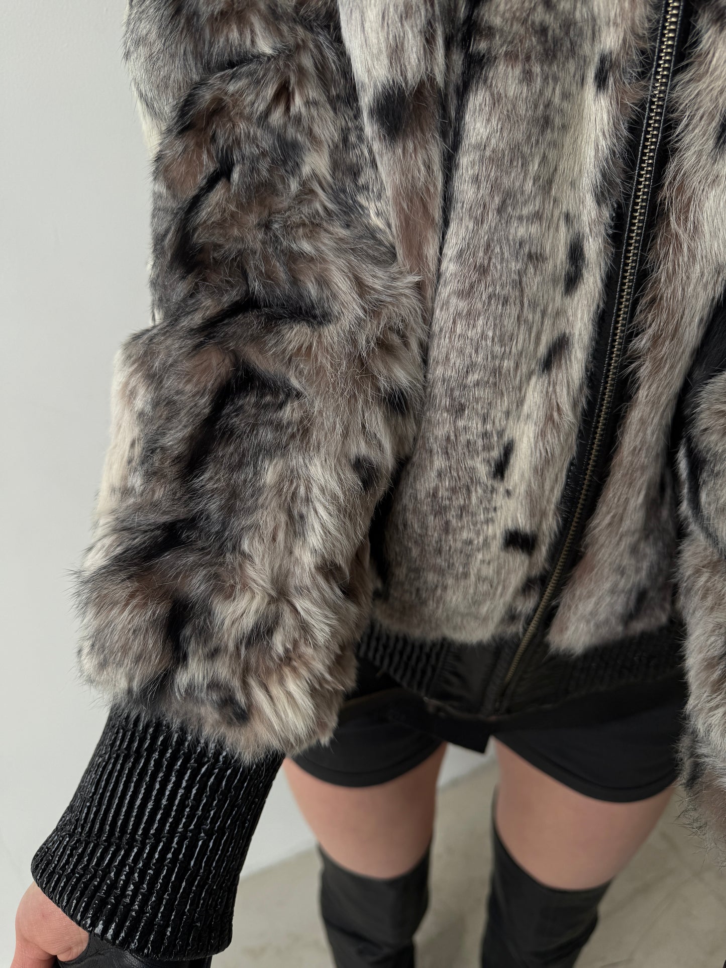 Vintage genuine leather jacket with natural rabbit fur and hood TWINKLING GLOBAL