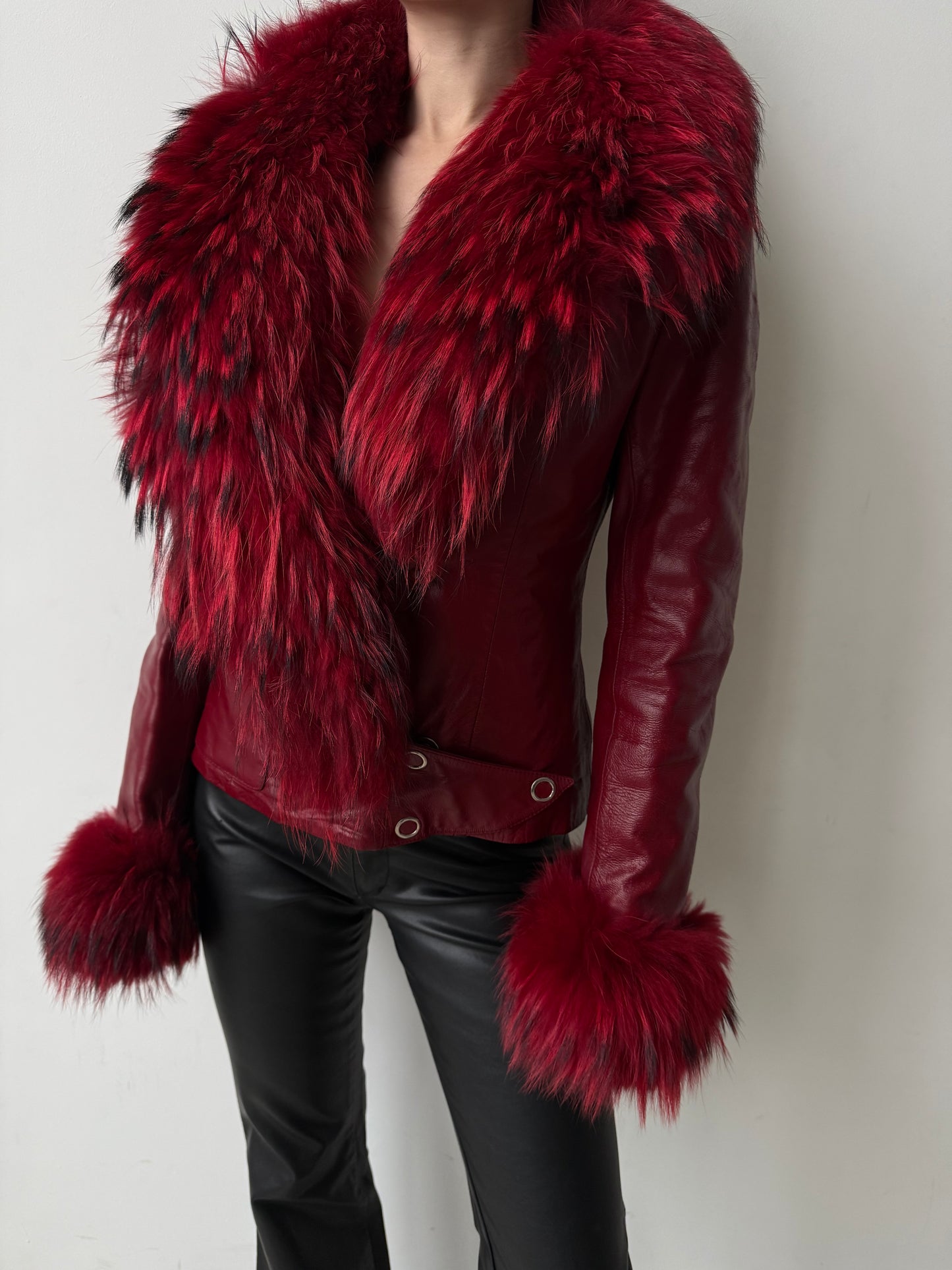 Vintage red leather jacket with luxurious natural fur details