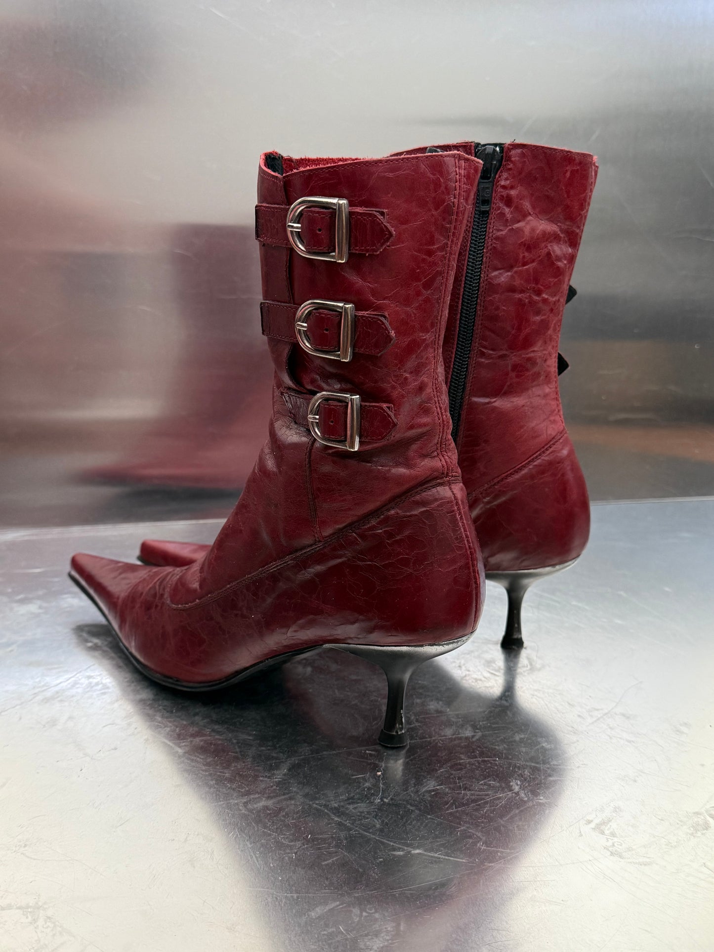 Vintage Red Leather Buffalo Heeled Boots Twinkling