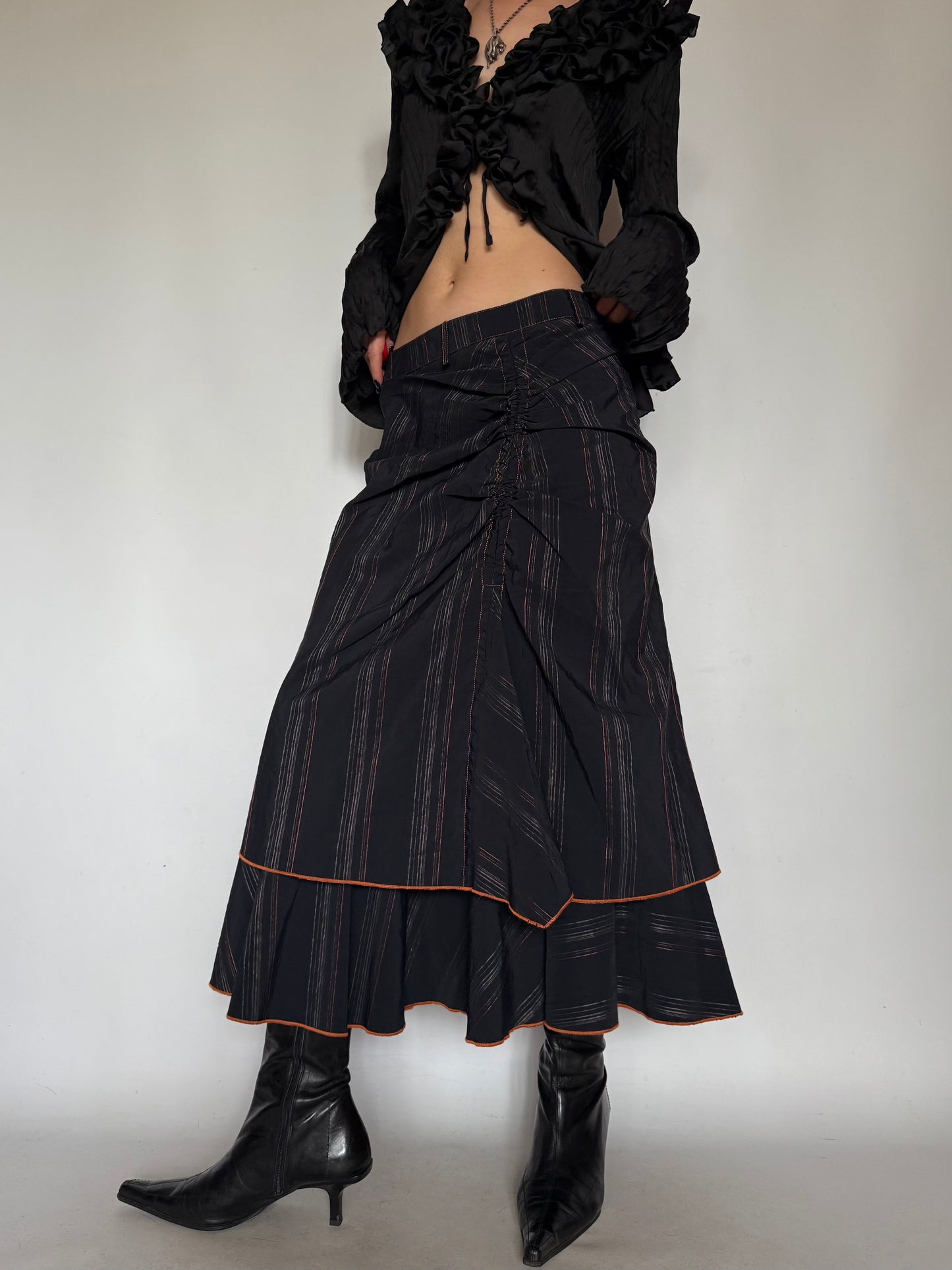 Vintage Black Striped Midi Skirt with Orange Hem Twinkling Global