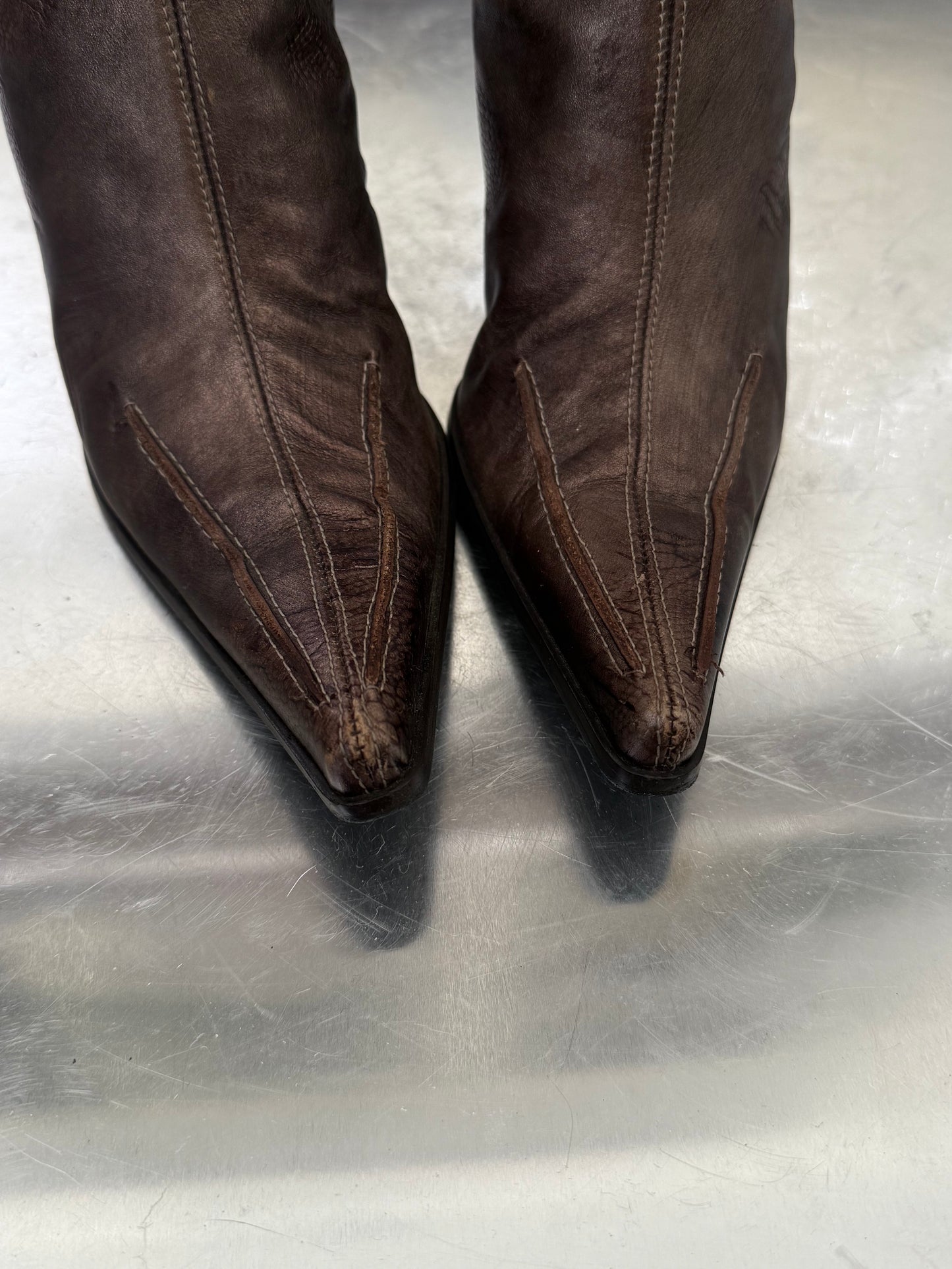 Vintage Brown Leather Pointed Boots Twinkling Global