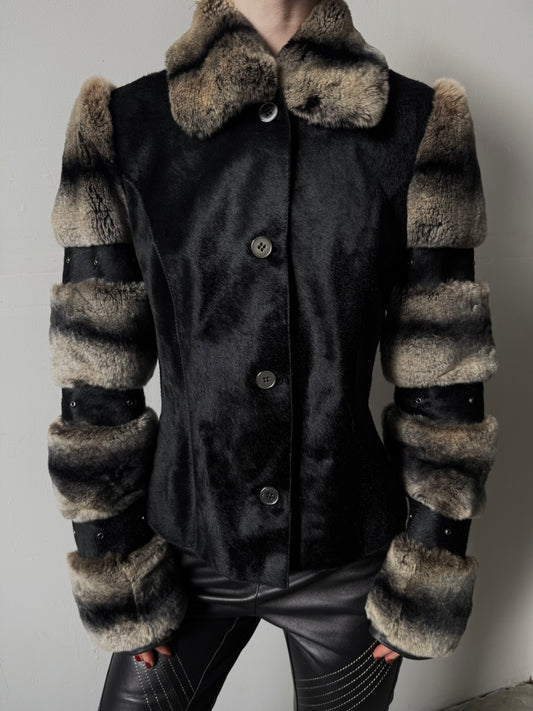 Vintage leather jacket with real chinchilla and pony fur panels