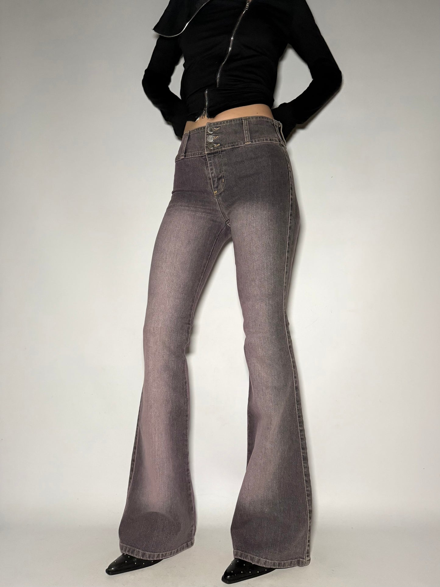 Grey-Pink Washed Stretch Flare Jeans Twinkling Global