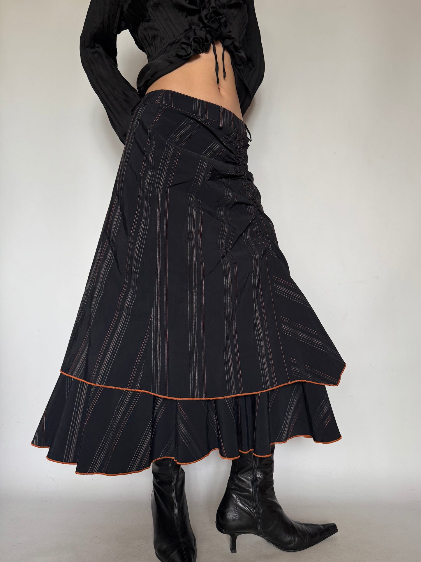 Vintage Black Striped Midi Skirt with Orange Hem Twinkling Global