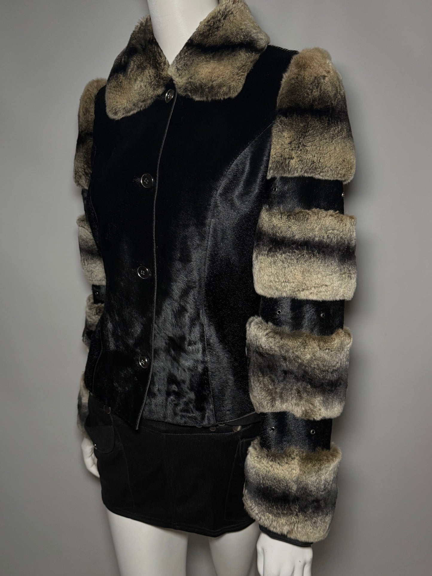 Vintage leather jacket with real chinchilla and pony fur panels