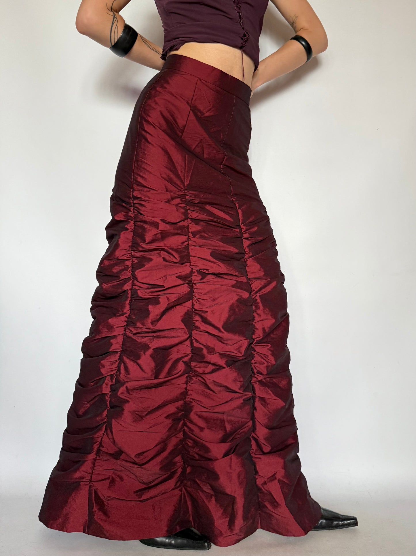Vintage Burgundy Ruched Maxi Skirt – Twinkling Global