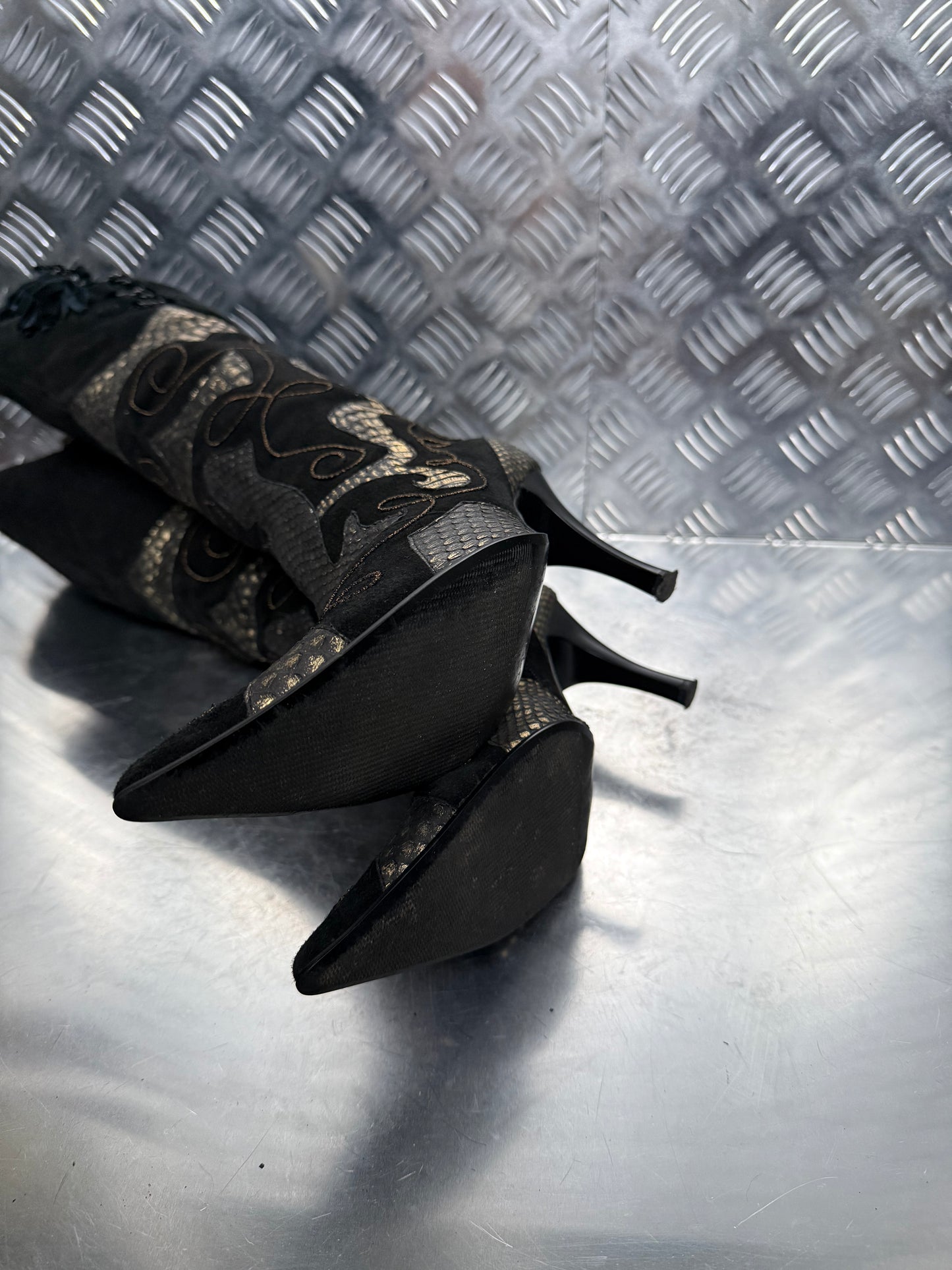 Vintage Italian Black Suede Embroidered Heeled Boots TWINKLING GLOBAL