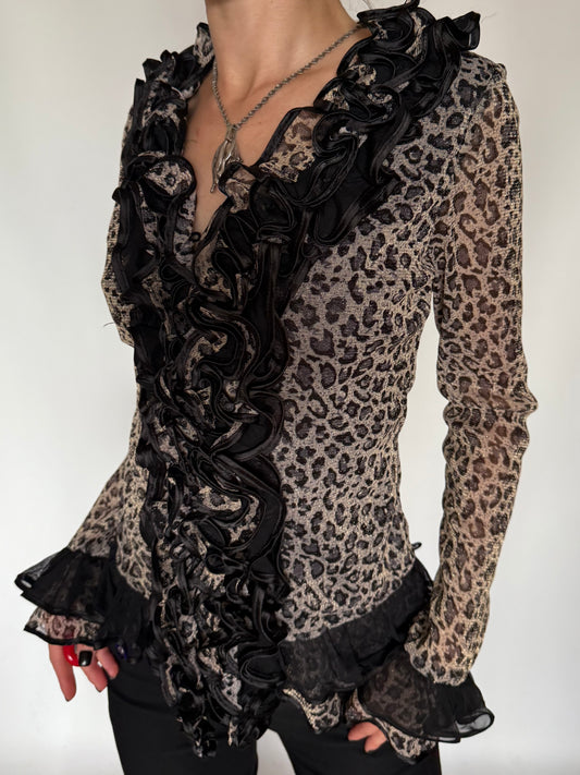 Vintage Leopard Ruffle Mesh Peplum Blouse Twinkling Global