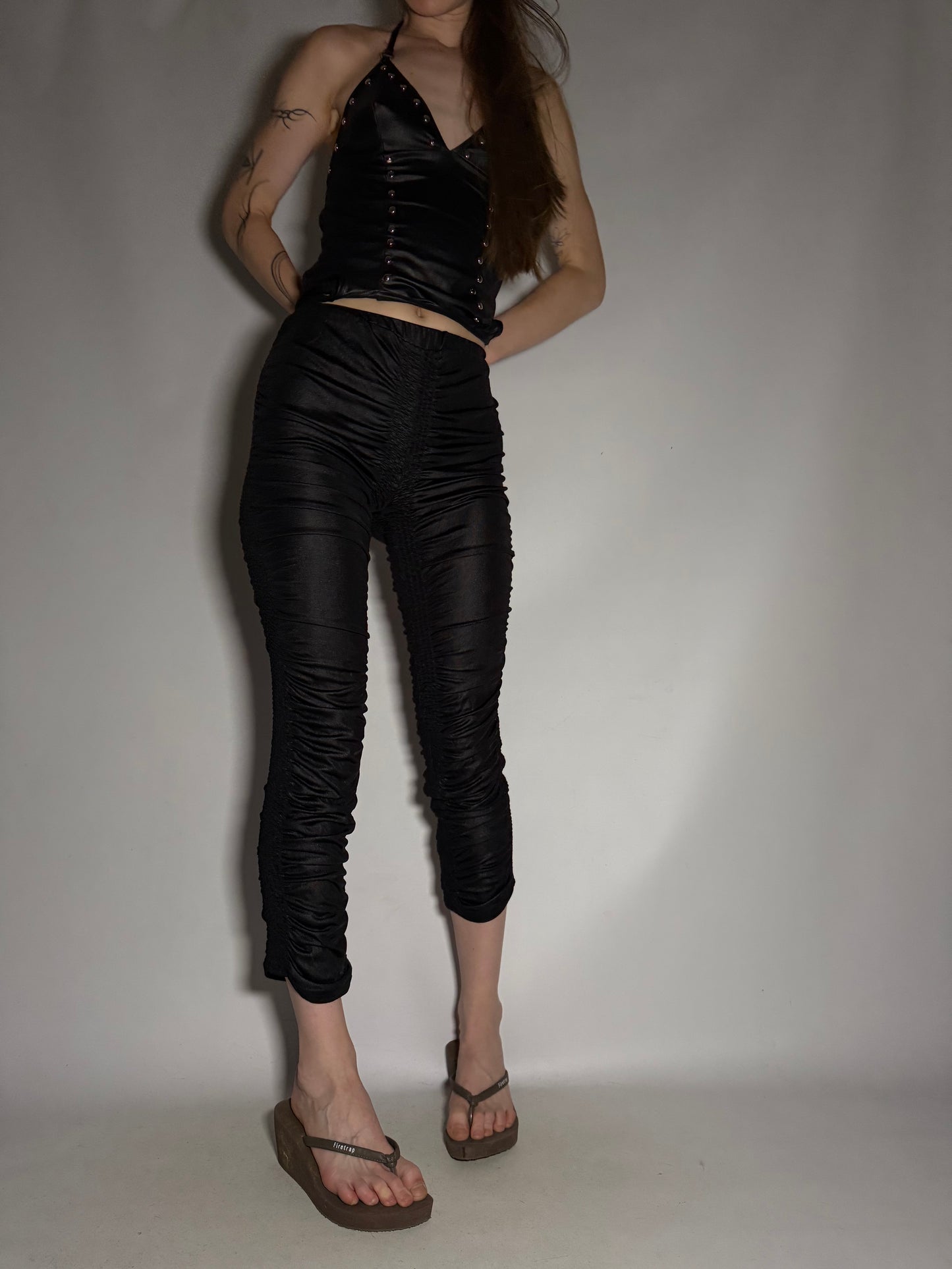 Y2K Black Ruched Capri Pants with Shiny Stretch Fabric Twinkling