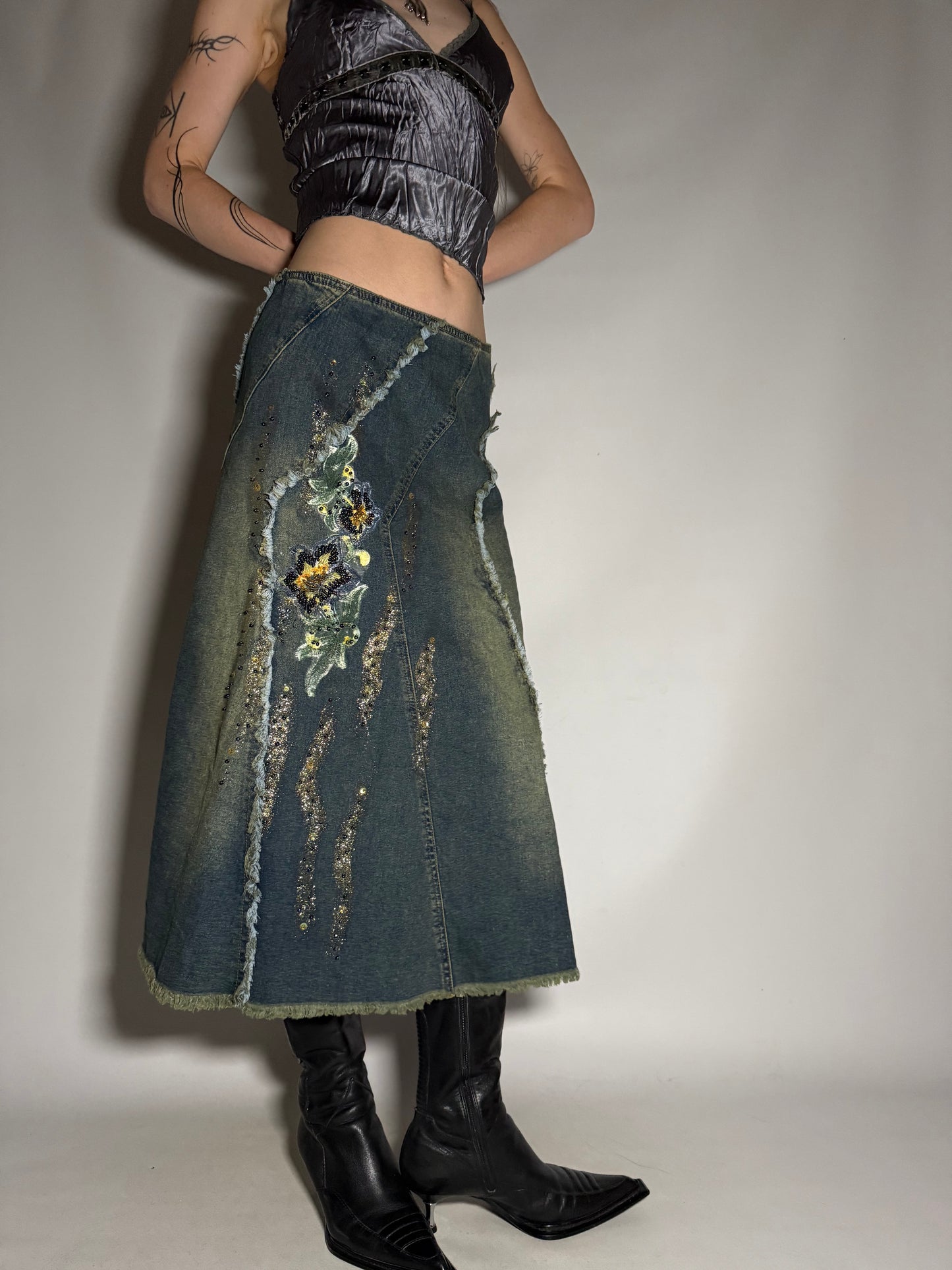 Y2K Distressed Denim Maxi Skirt with Sequin Floral Appliqué TWINKLING