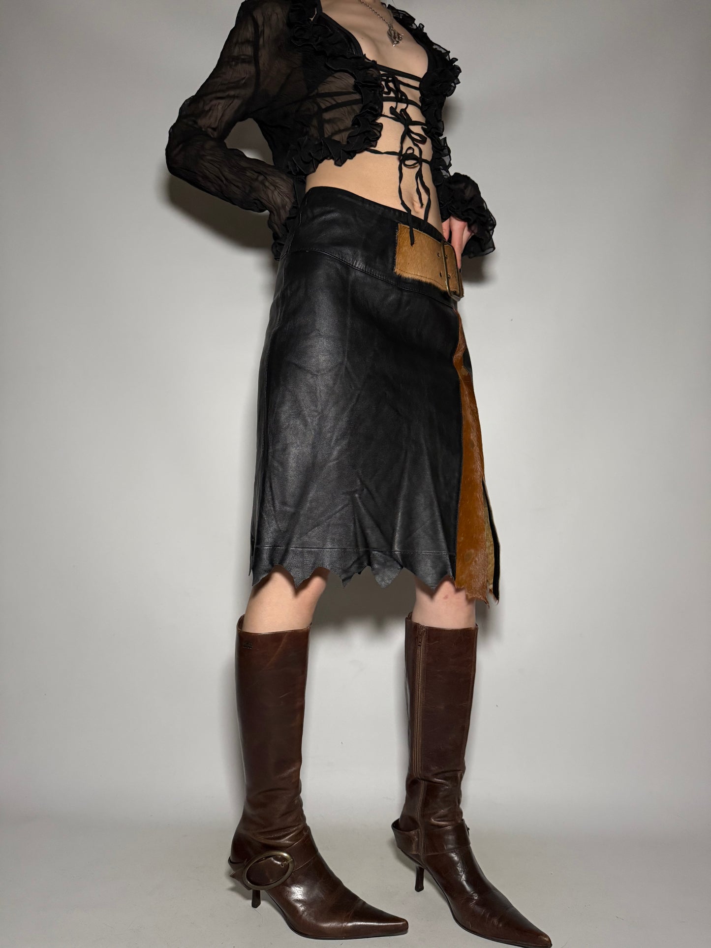 Vintage Leather Skirt with Fur Trim - TWINKLING GLOBAL