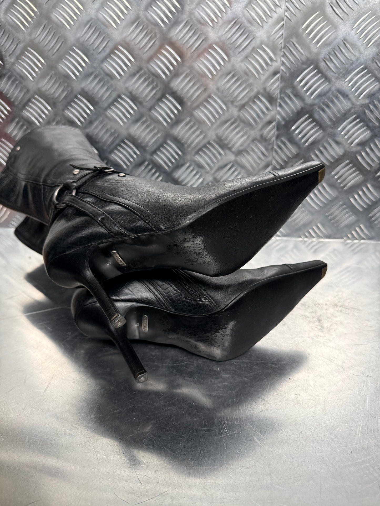 Vintage Black Croc-Effect Leather Knee-High Boots FAITH TWINKLING GLOBAL