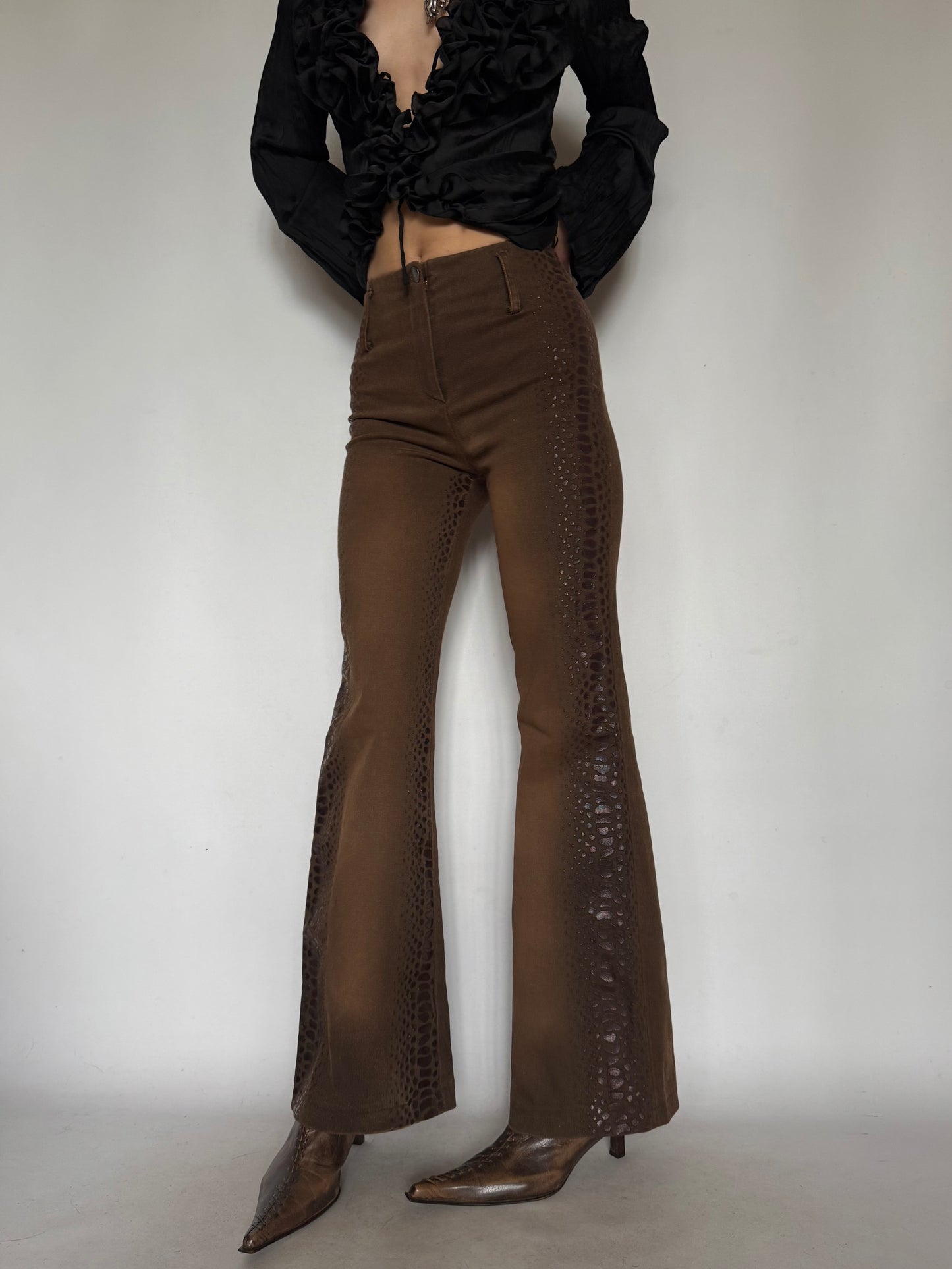 Vintage Brown Snake-Effect Flare Pants Twinkling Global