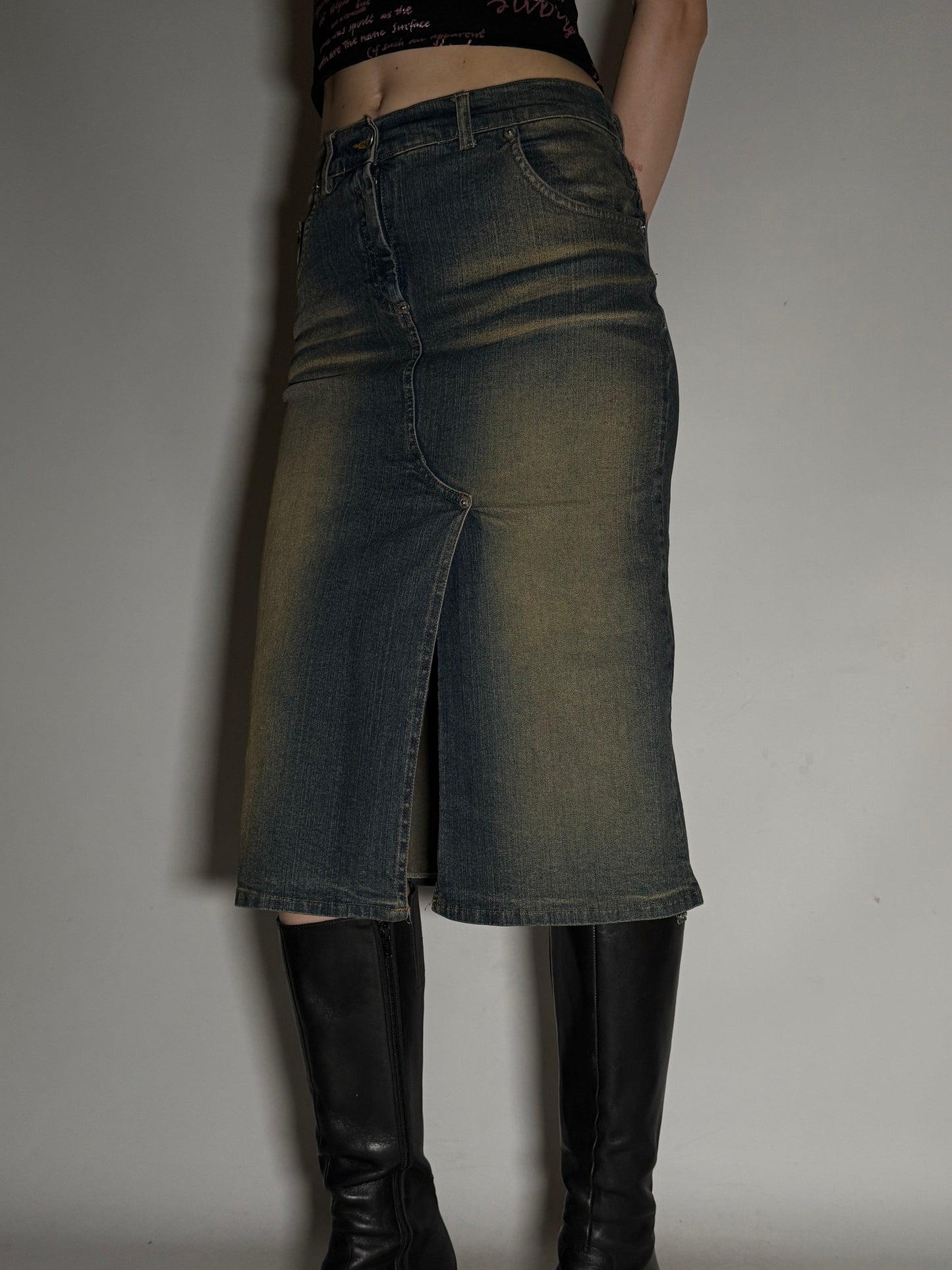 Y2K Rust-Washed Denim Skirt with Front Slit  Twinkling