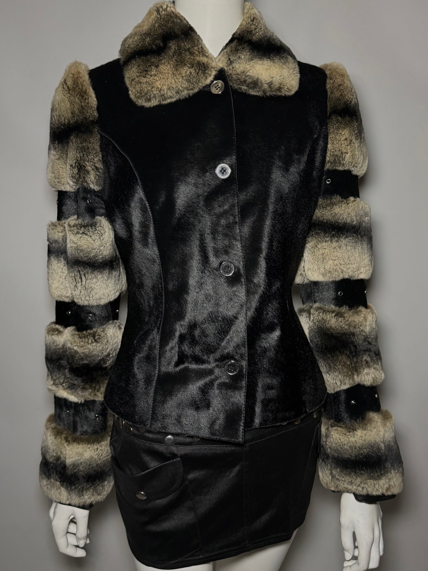 Vintage leather jacket with real chinchilla and pony fur panels