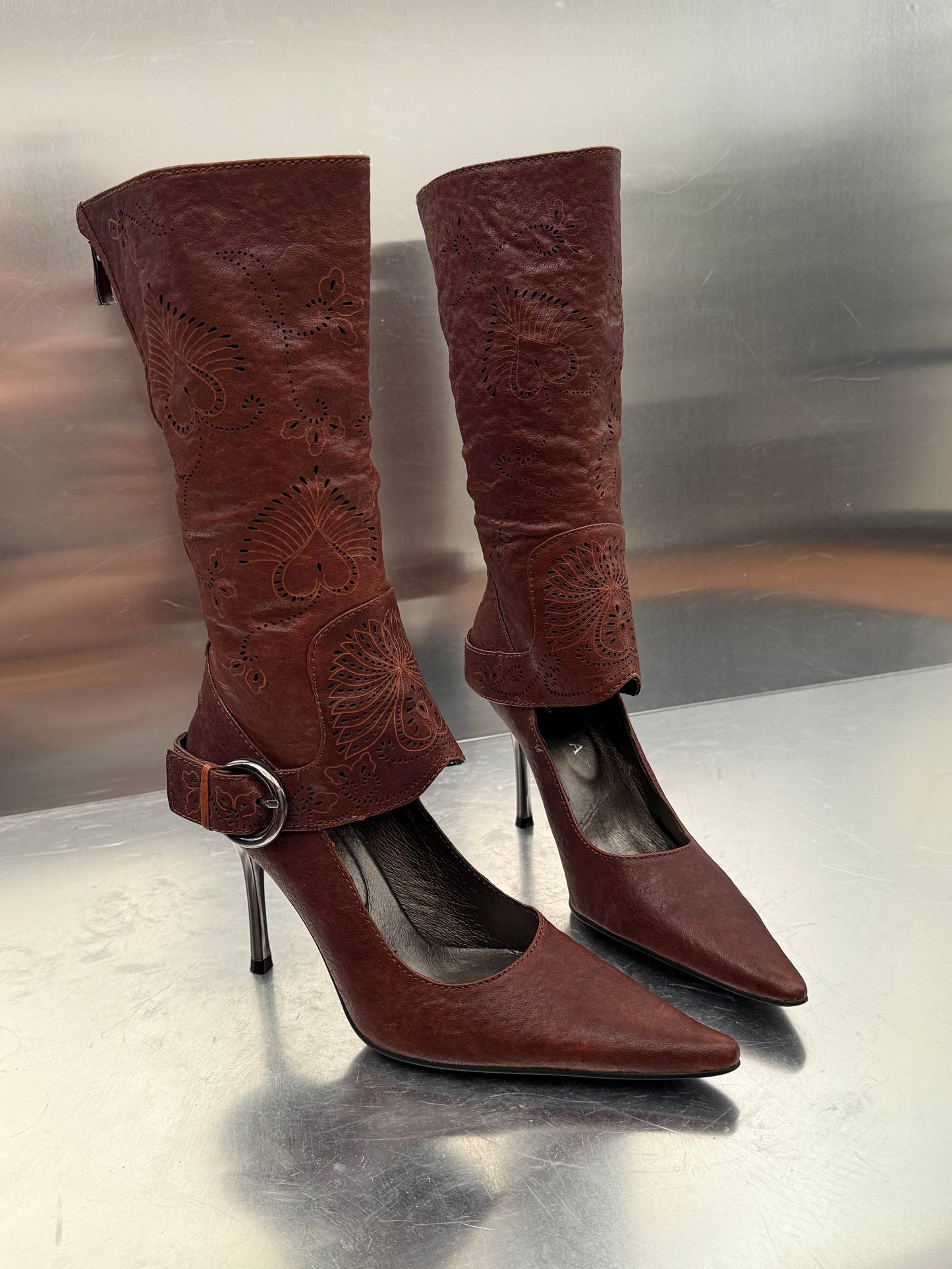 Vintage Brown Leather Gaiter-Style Pump Boots Twinkling Global