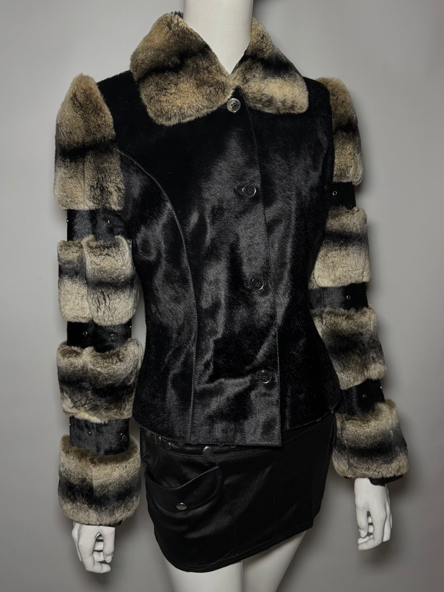 Vintage leather jacket with real chinchilla and pony fur panels