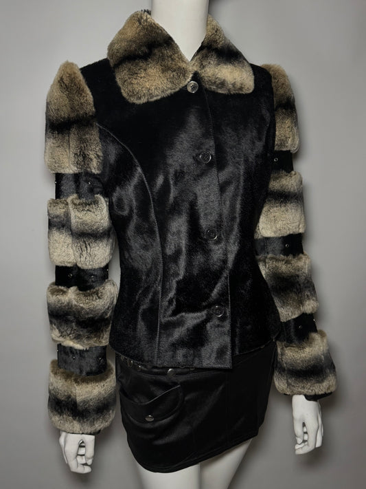 Vintage leather jacket with real chinchilla and pony fur panels