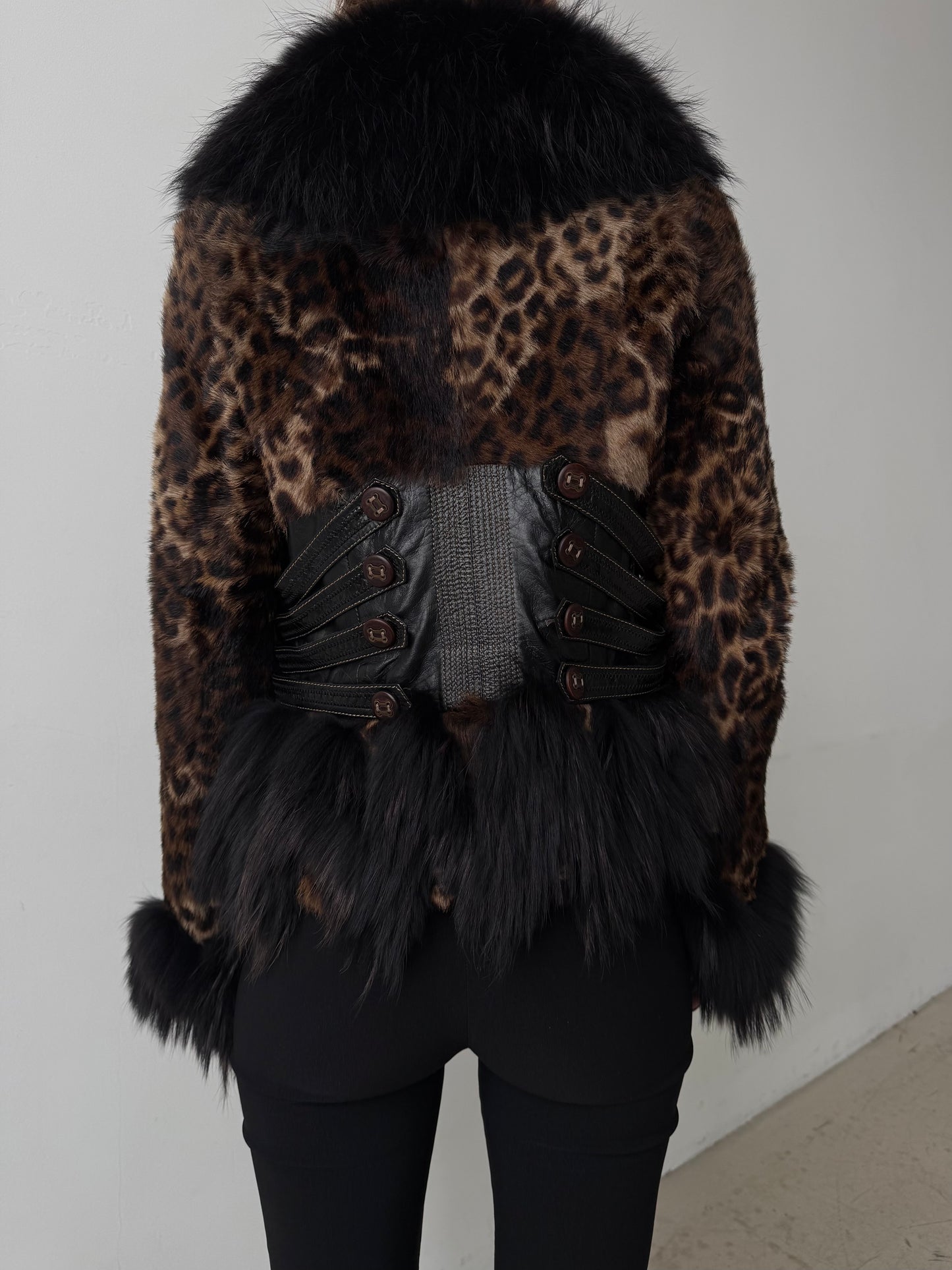 Vintage leather jacket with natural fur and leopard pattern TWINKLING GLOBAL