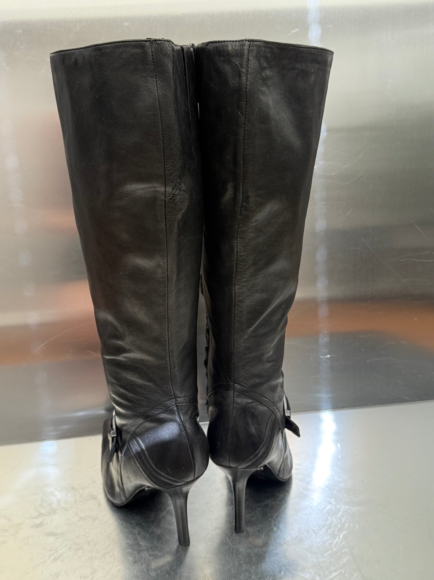 Vintage Black Leather High Boots with Buckle Detail OXMOX Twinkling Global