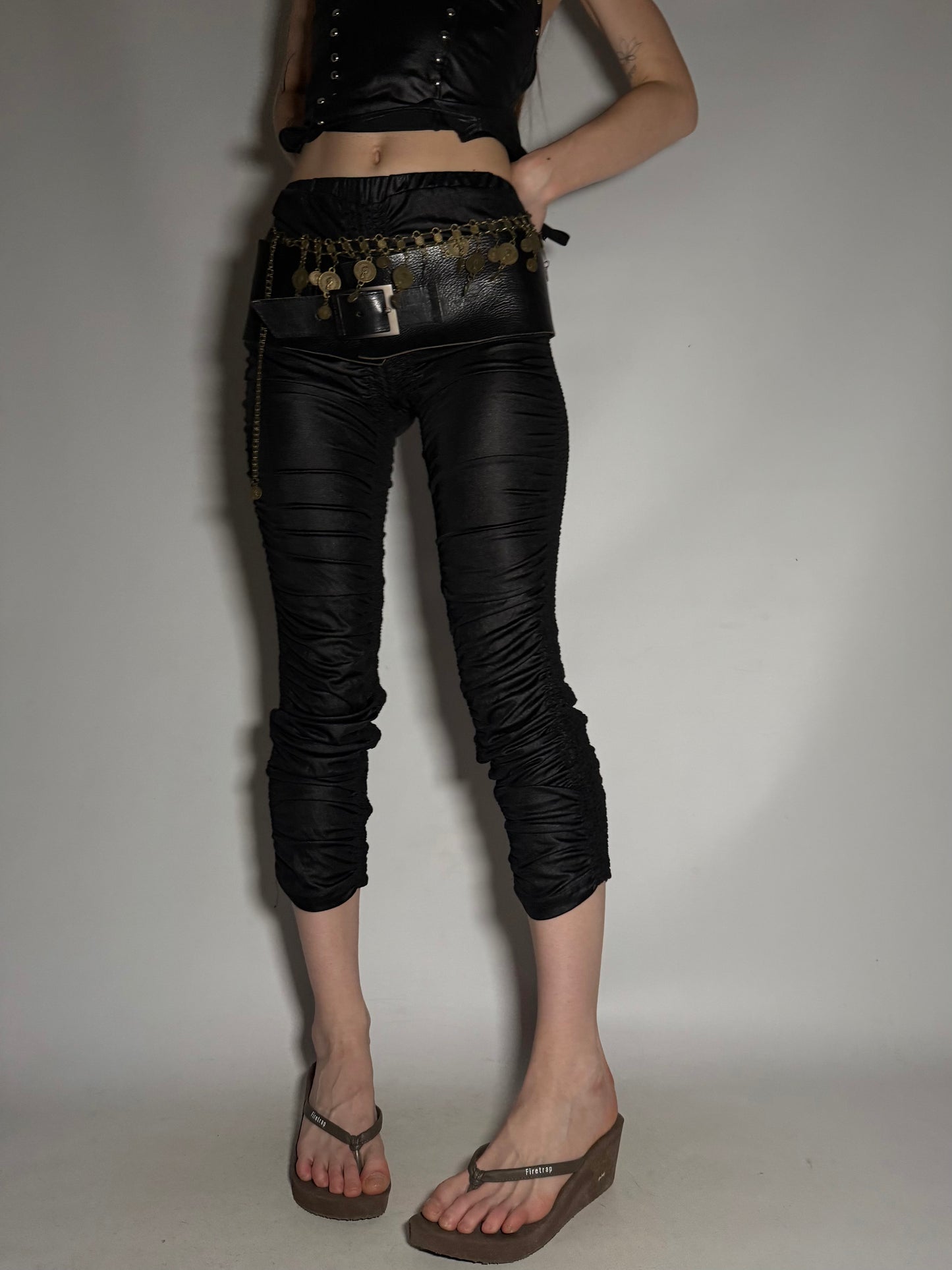 Y2K Black Ruched Capri Pants with Shiny Stretch Fabric Twinkling