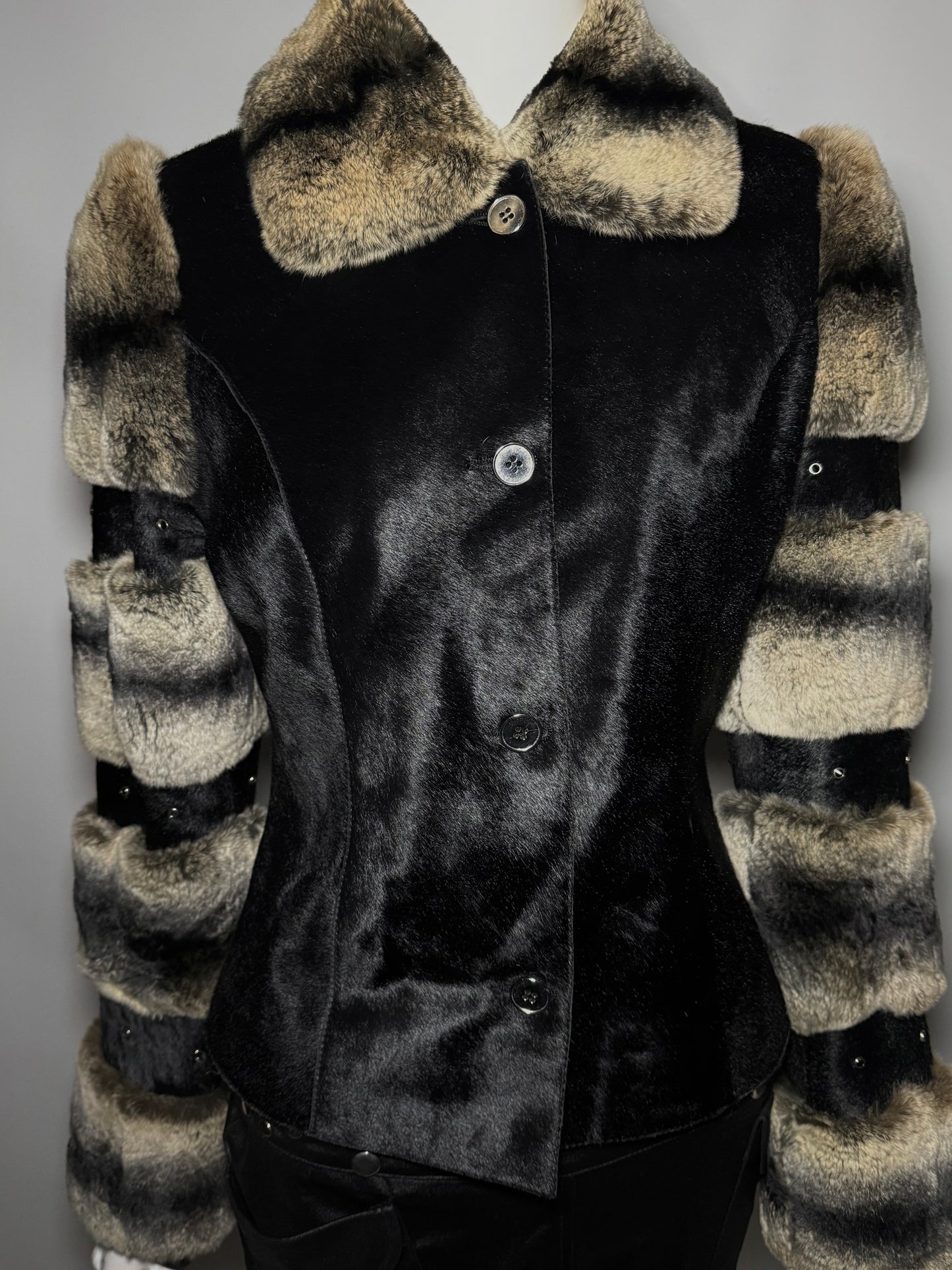 Vintage leather jacket with real chinchilla and pony fur panels