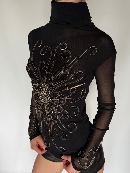 Vintage Embellished Sheer Turtleneck Blouse Black Twinkling Global