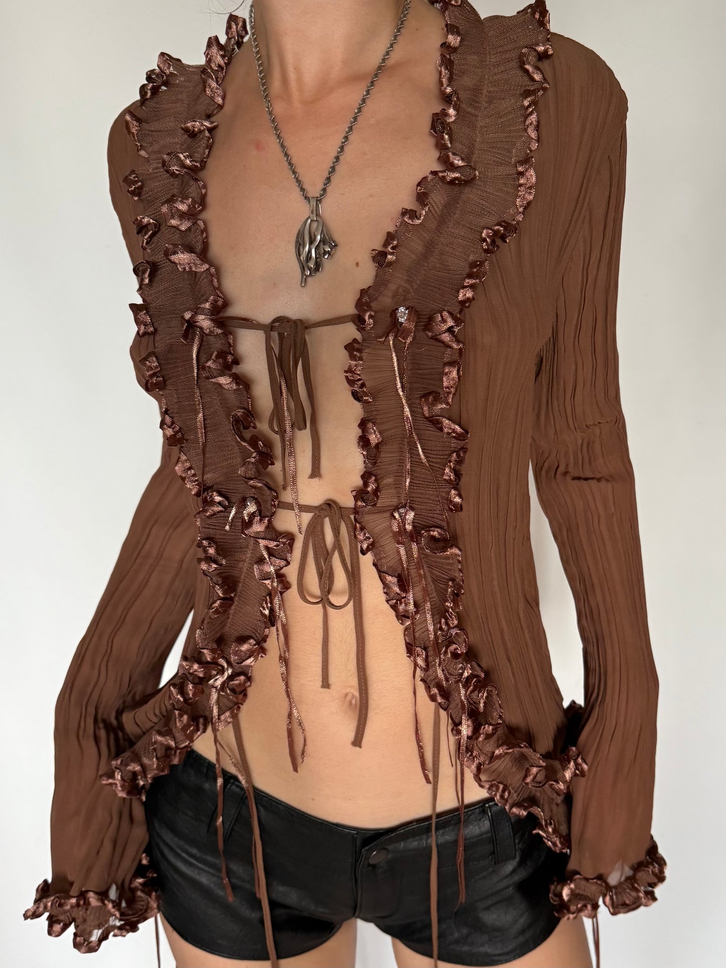 Vintage Cocoa Ruffle Tie-Front Blouse Twinkling Global