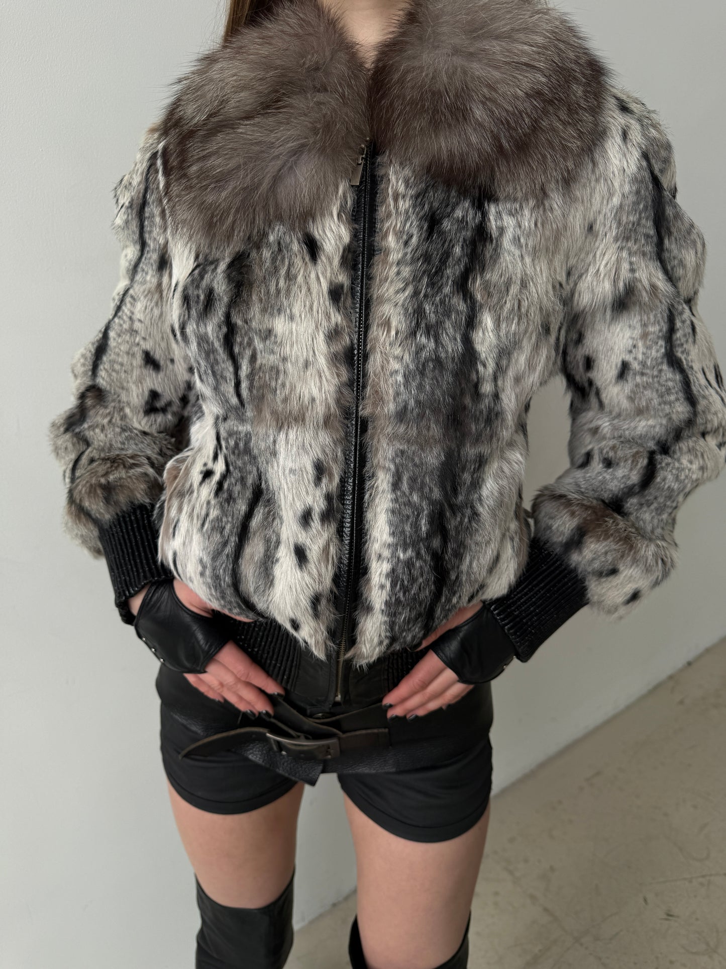 Vintage leather jacket with natural rabbit fur TWINKLING GLOBAL