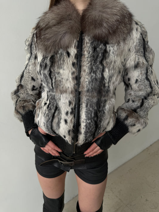 Vintage leather jacket with natural rabbit fur TWINKLING GLOBAL