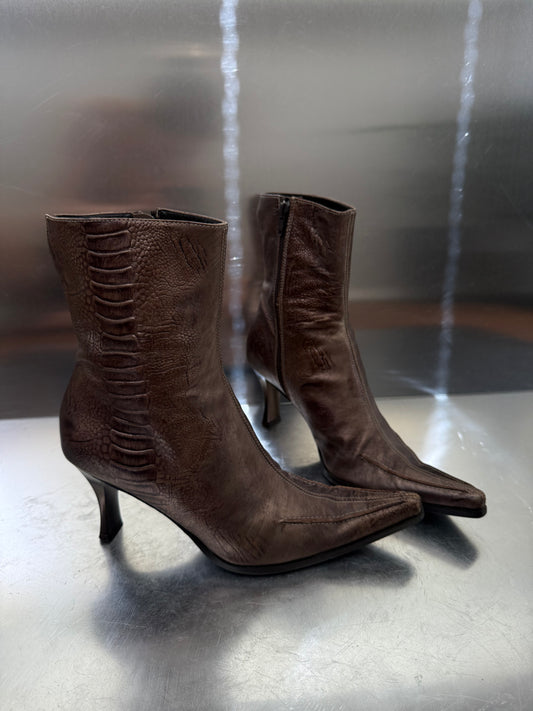 Vintage Brown Leather Pointed Boots Twinkling Global