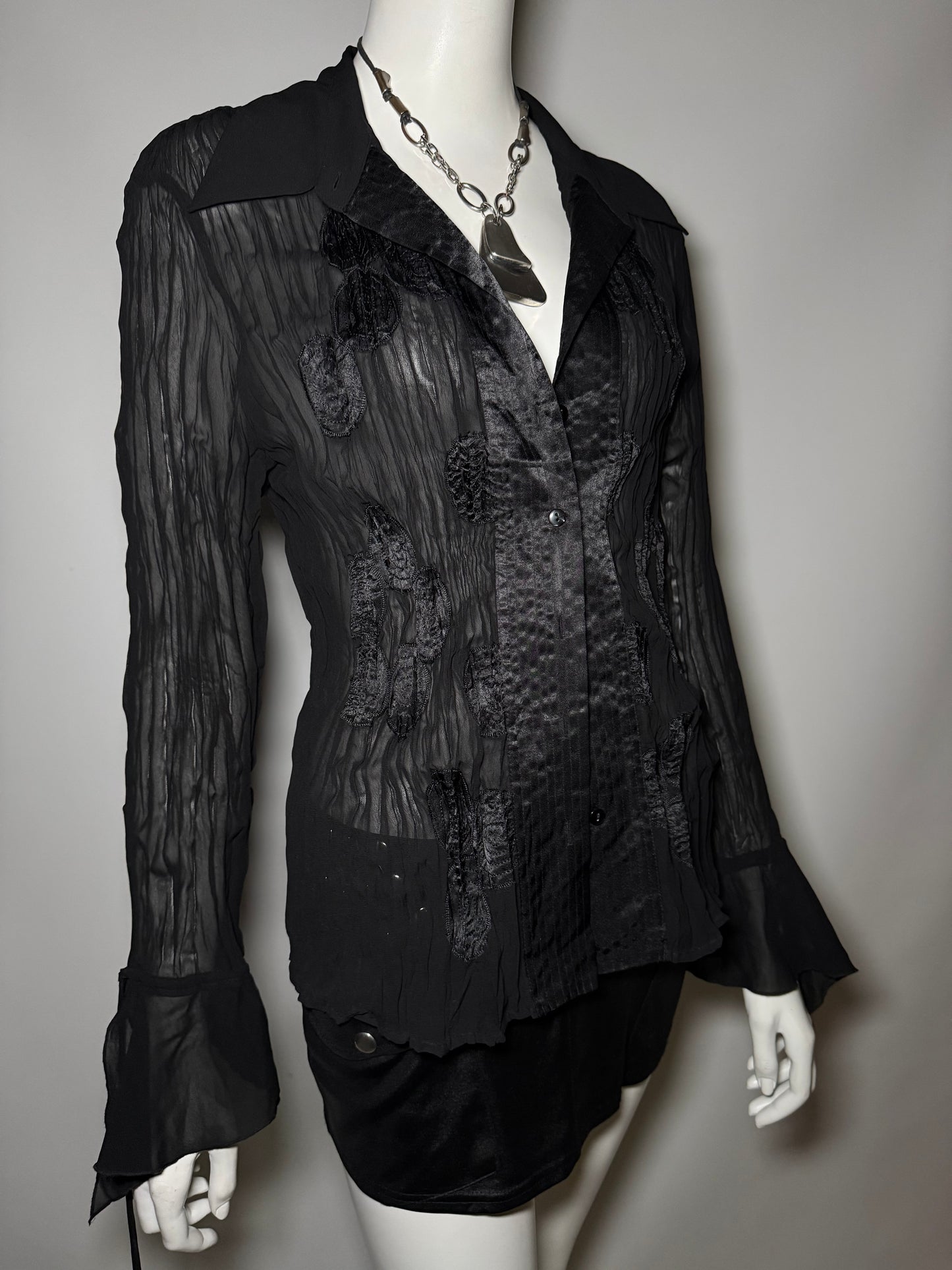 Vintage Black Textured Blouse with Flared Sleeves Twinkling Global