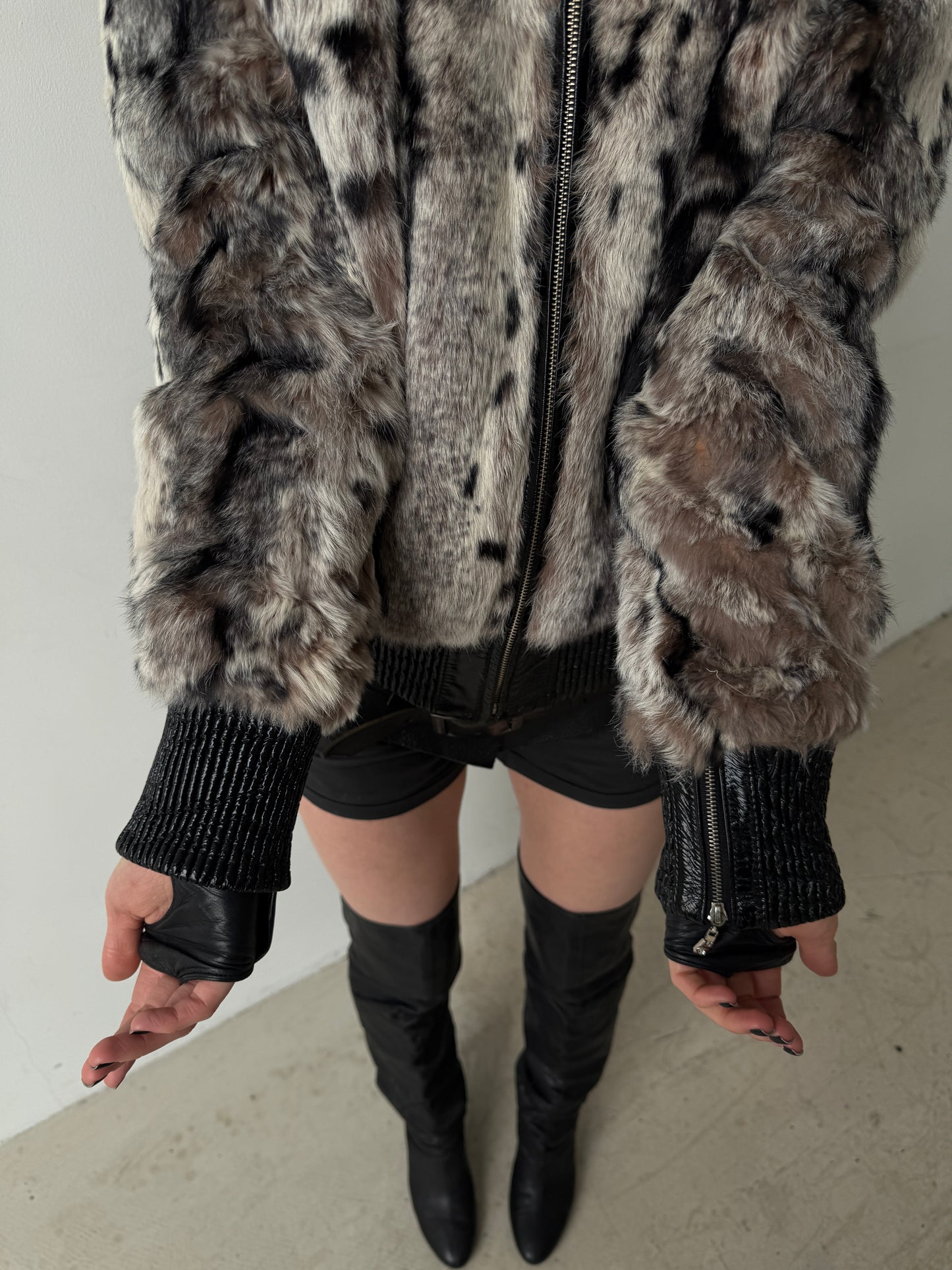 Vintage genuine leather jacket with natural rabbit fur and hood TWINKLING GLOBAL