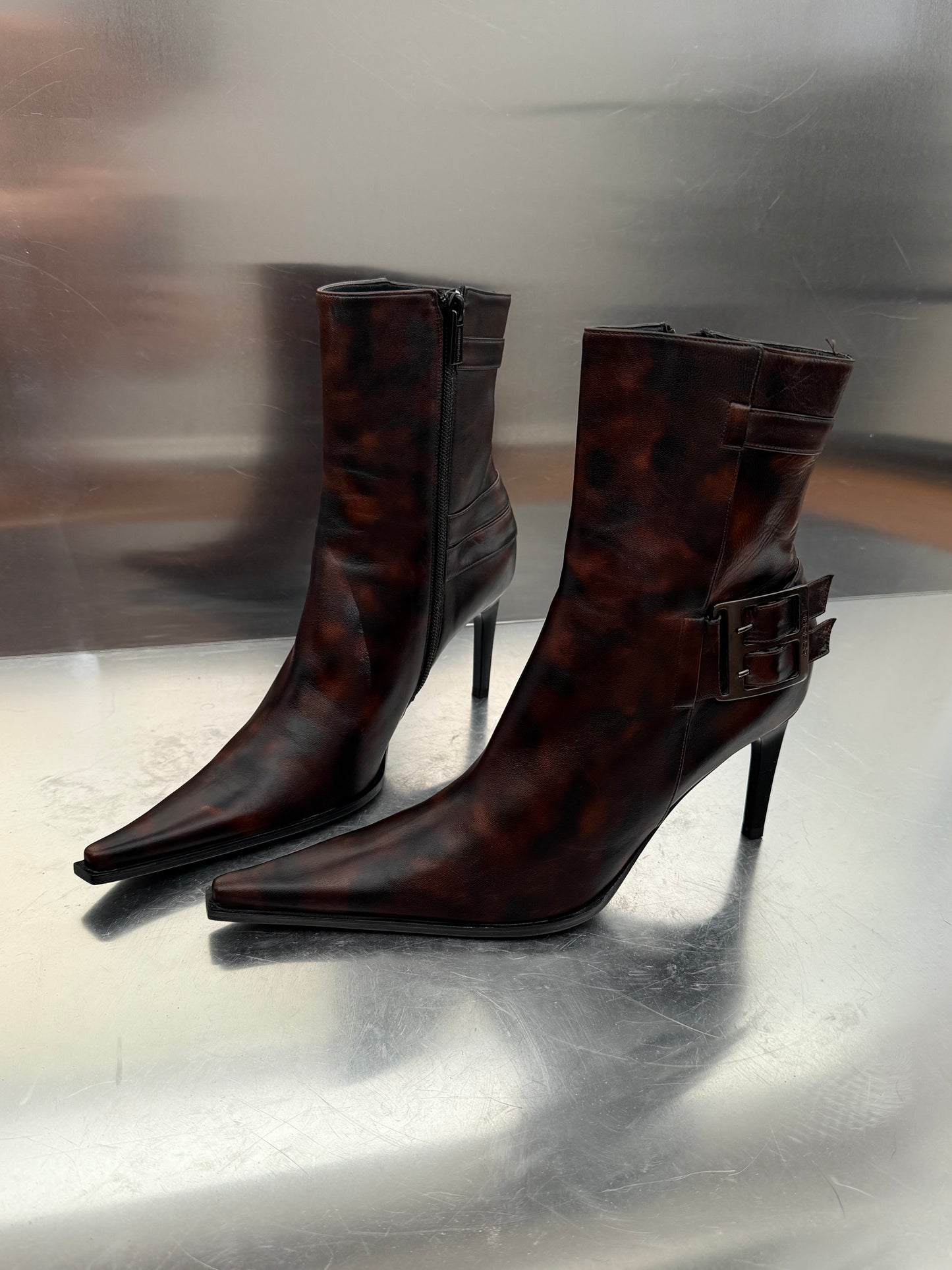 Vintage Brown Patterned Leather Ankle Boots Made in Italy Twinkling Global