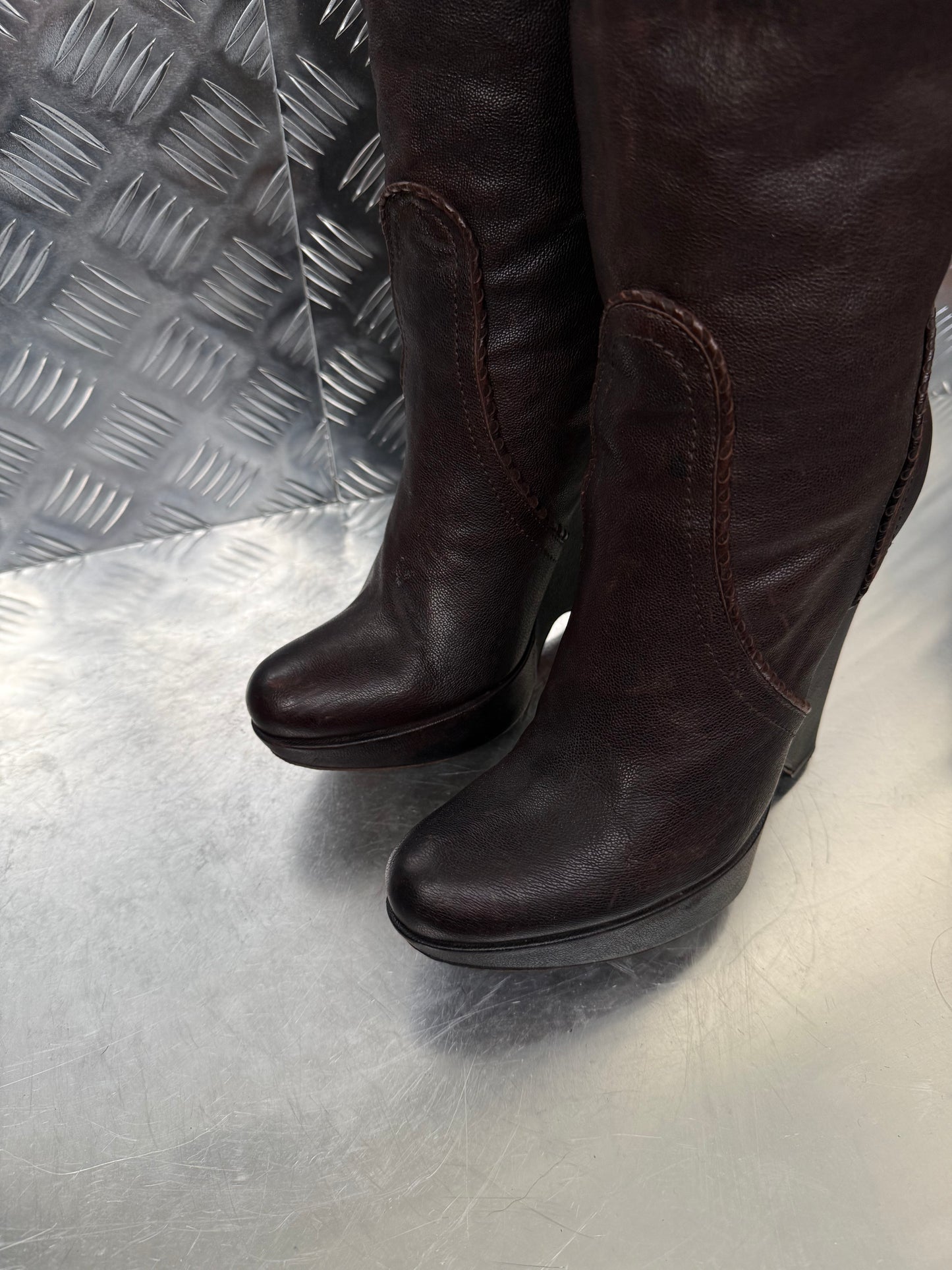 Vintage brown leather platform wedge over-the-knee boots SHY TWINKLING GLOBAL