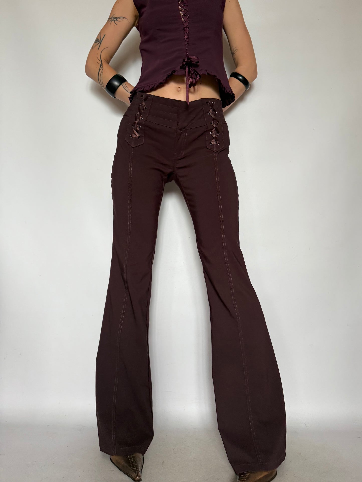 Vintage Brown Flared Pants with Lace-up Detail – Twinkling Global