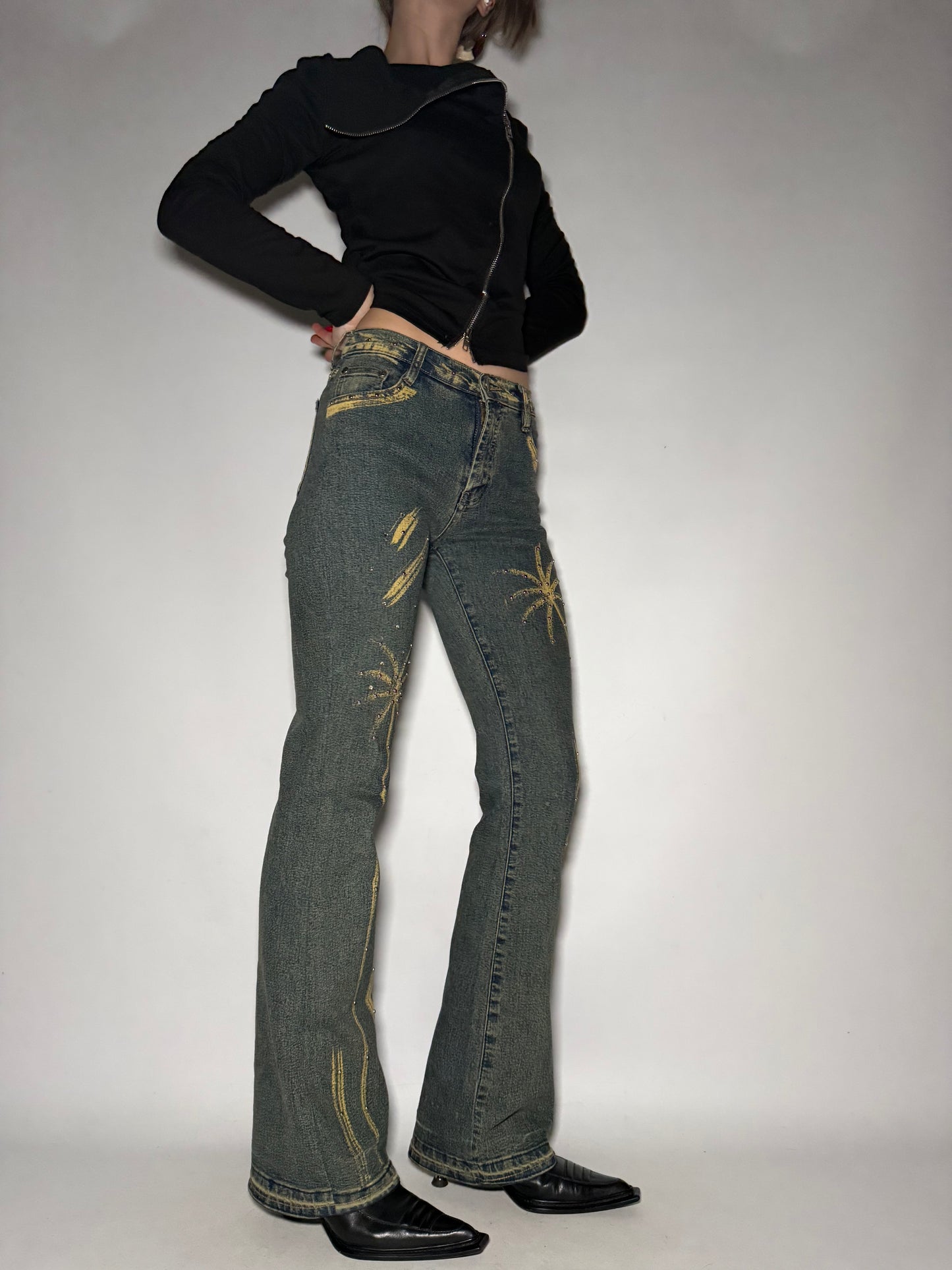 Yellow Washed Stretch Flare Jeans Twinkling Global