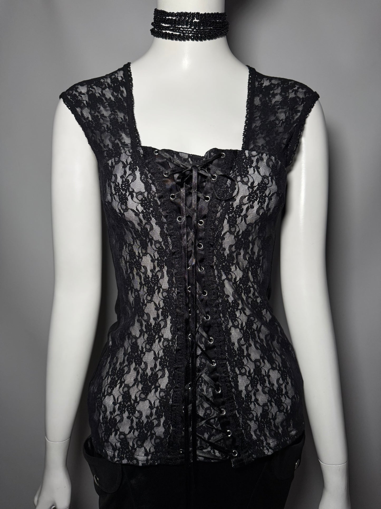 Gothic Black Lace Corset-Style Top with Front Lacing Twinkling