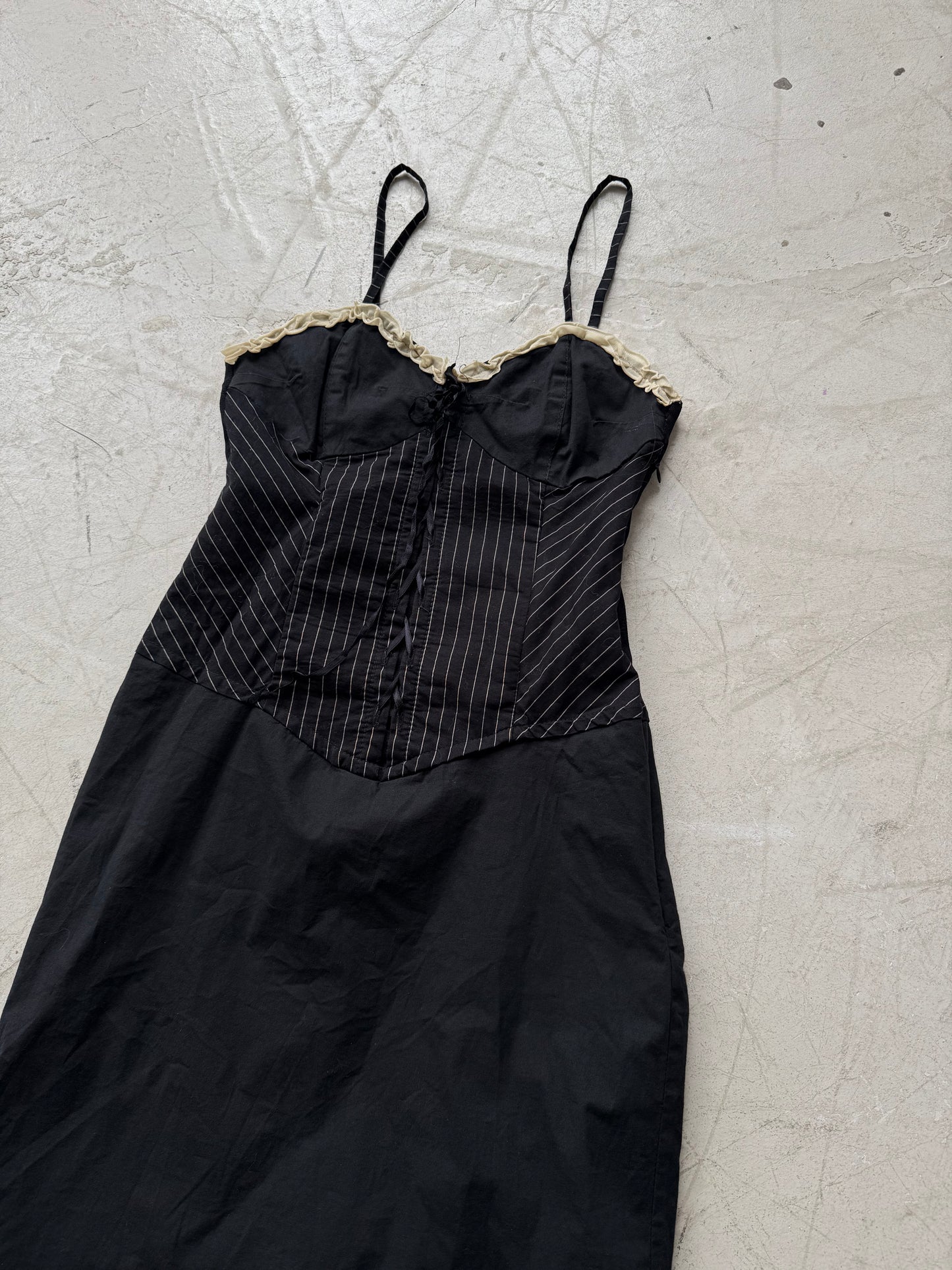 Vintage Black Pinstripe Bustier Dress with Ruffle Hem – Twinkling Global