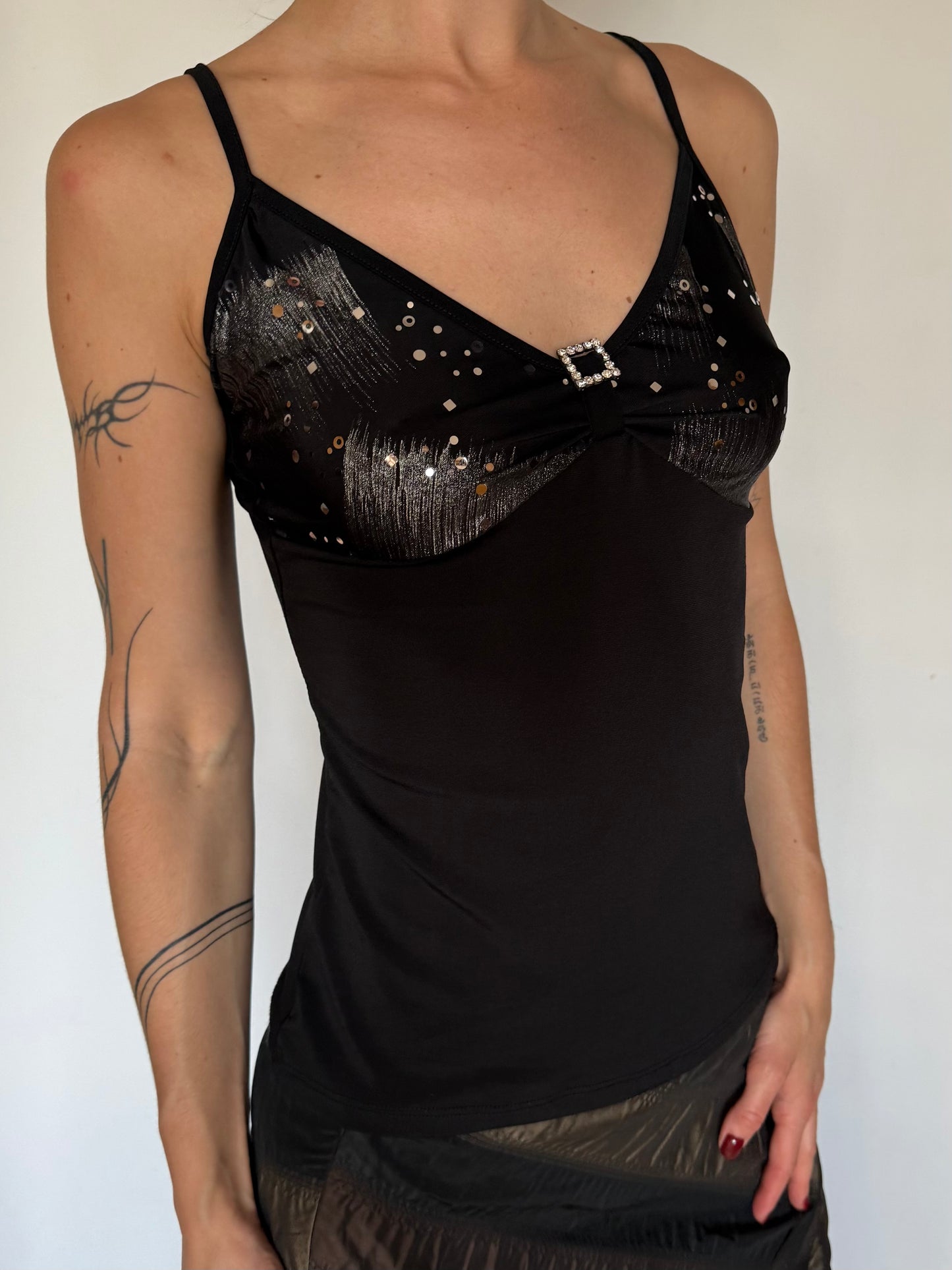 Y2K Black Stretchy Top with Rhinestone Detail  Twinkling