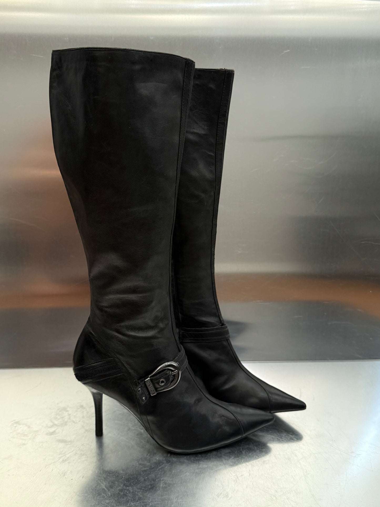 Vintage Black Leather High Boots with Buckle Detail OXMOX Twinkling Global