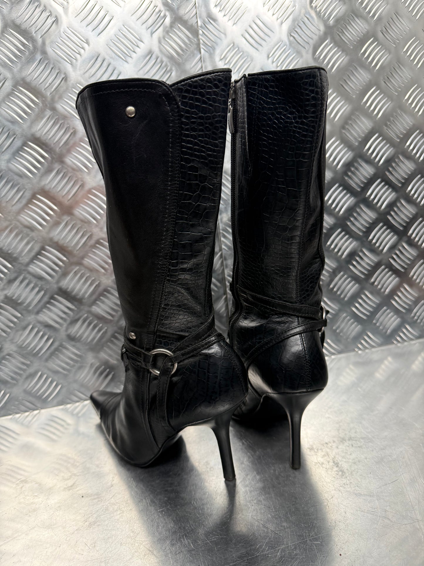 Vintage Black Croc-Effect Leather Knee-High Boots FAITH TWINKLING GLOBAL