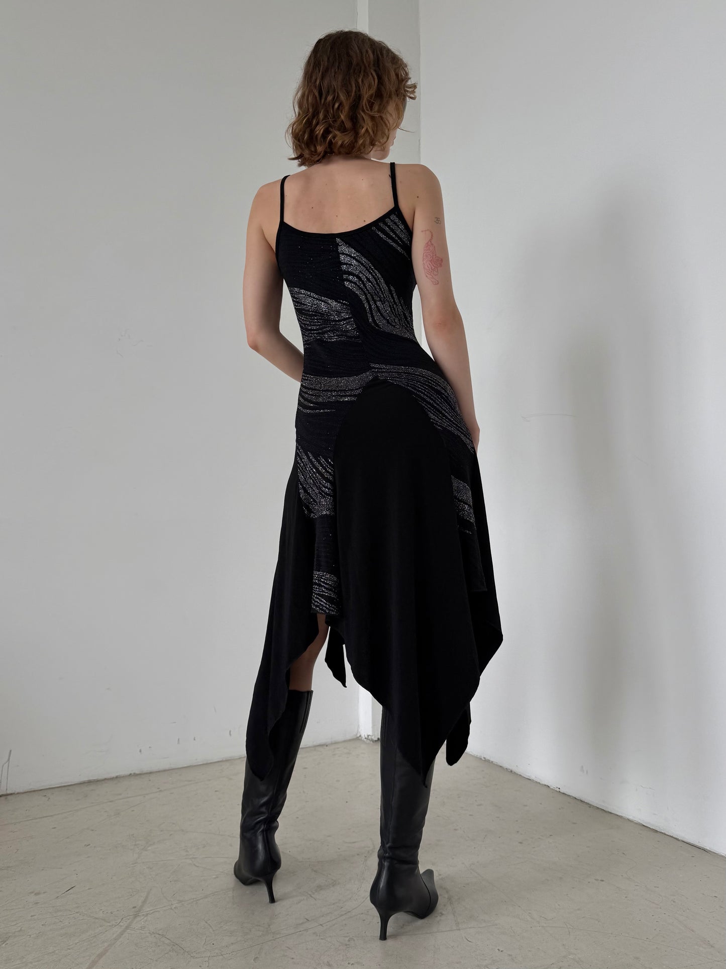 Vintage Black Asymmetrical Midi Dress with Metallic Stripes – Twinkling Global