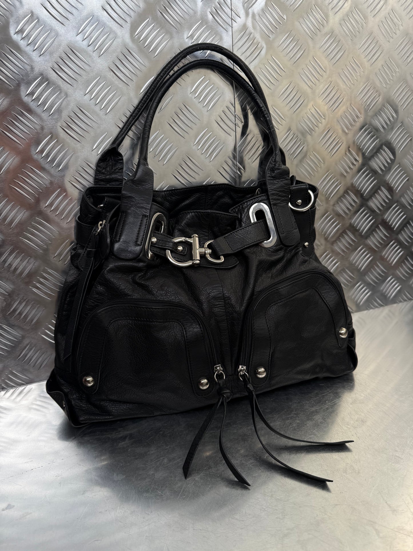 Vintage Black Leather Bag Twinkling Global