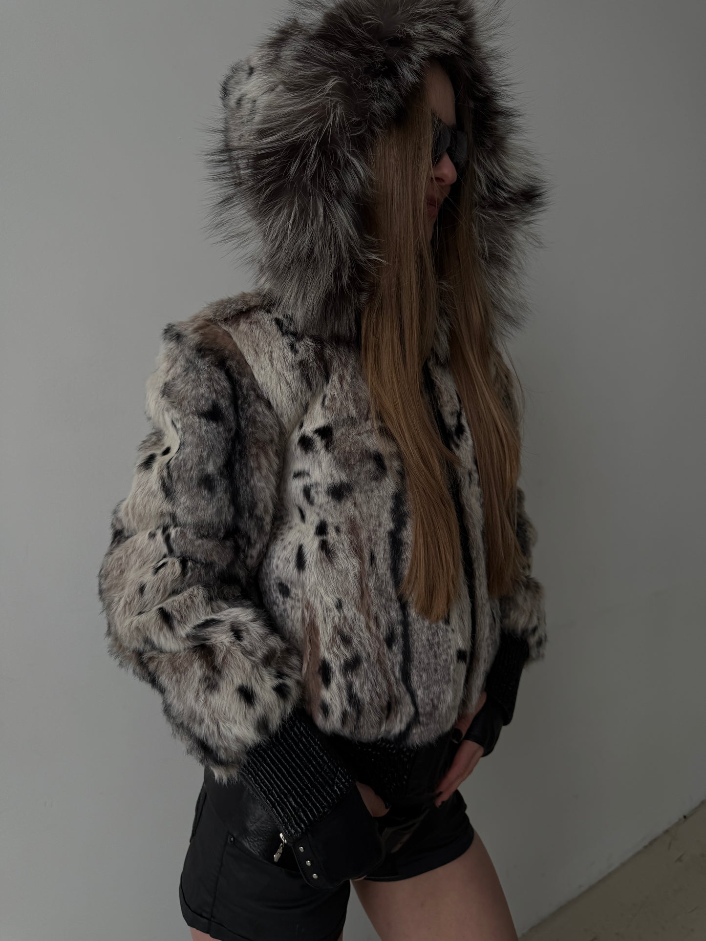 Vintage genuine leather jacket with natural rabbit fur and hood TWINKLING GLOBAL