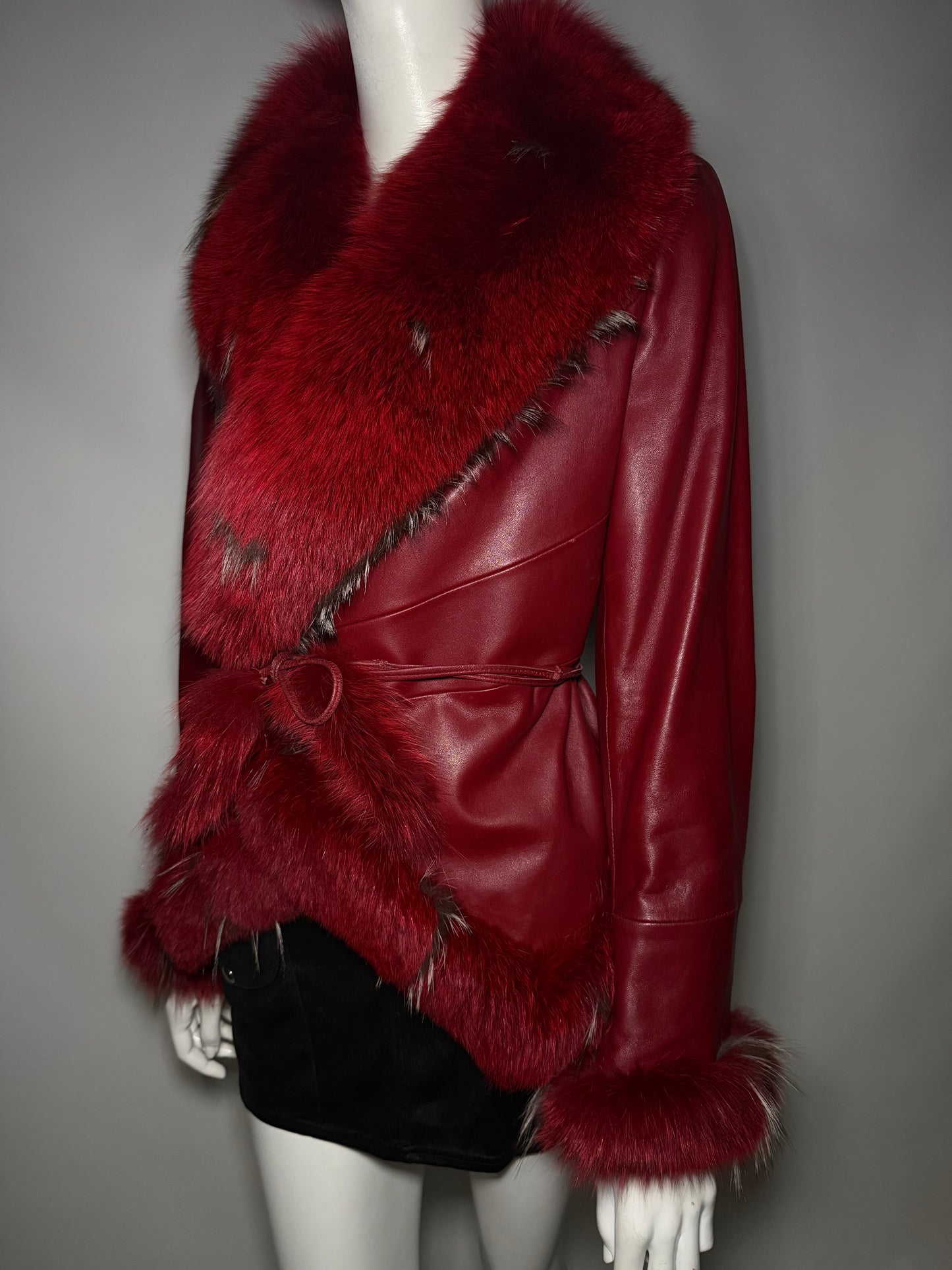 Vintage Red Leather Wrap Jacket with Real Fur TWINKLING GLOBAL