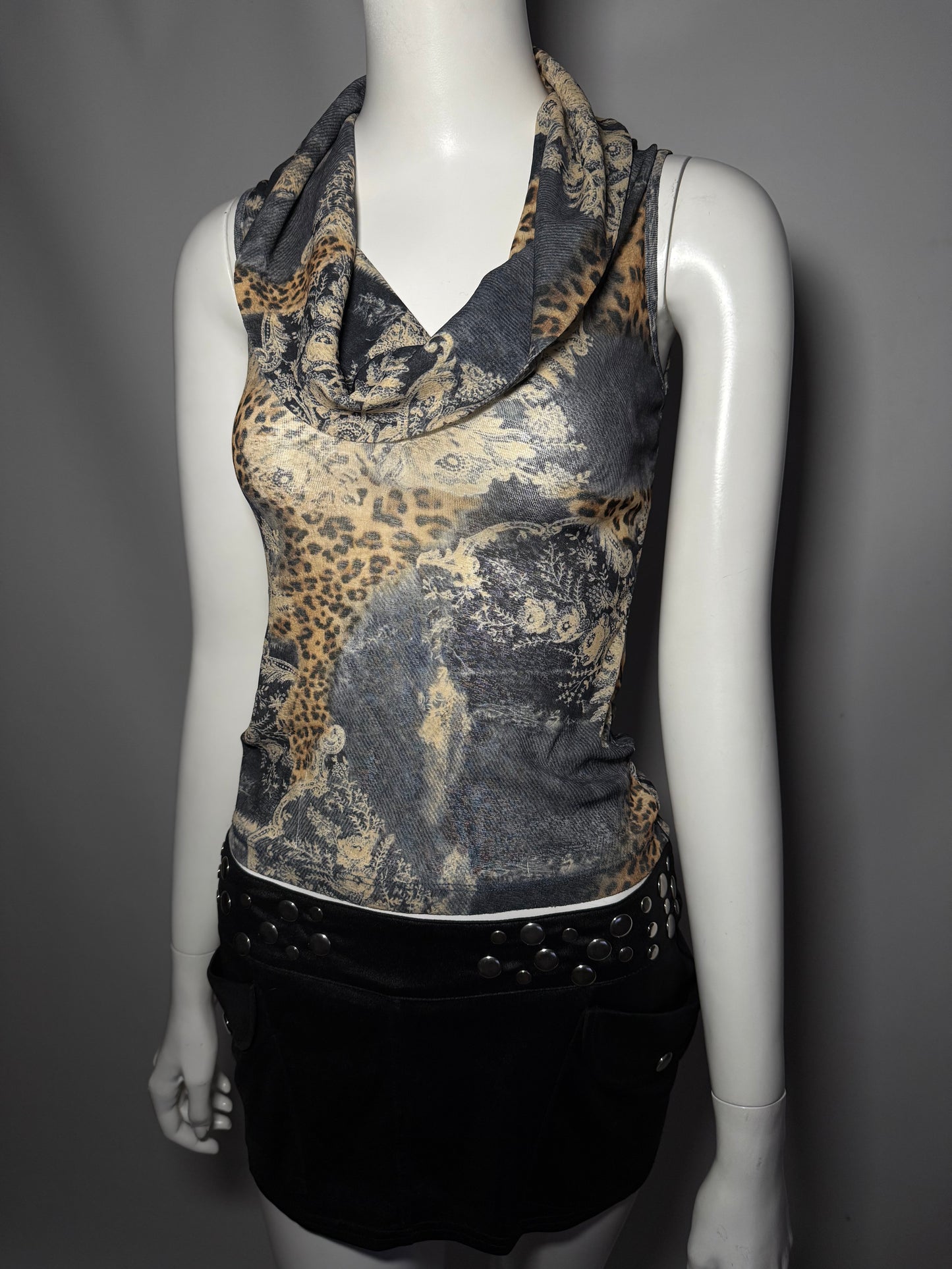 Vintage Cowl Neck Mesh Top with Leopard Print TWINKLING