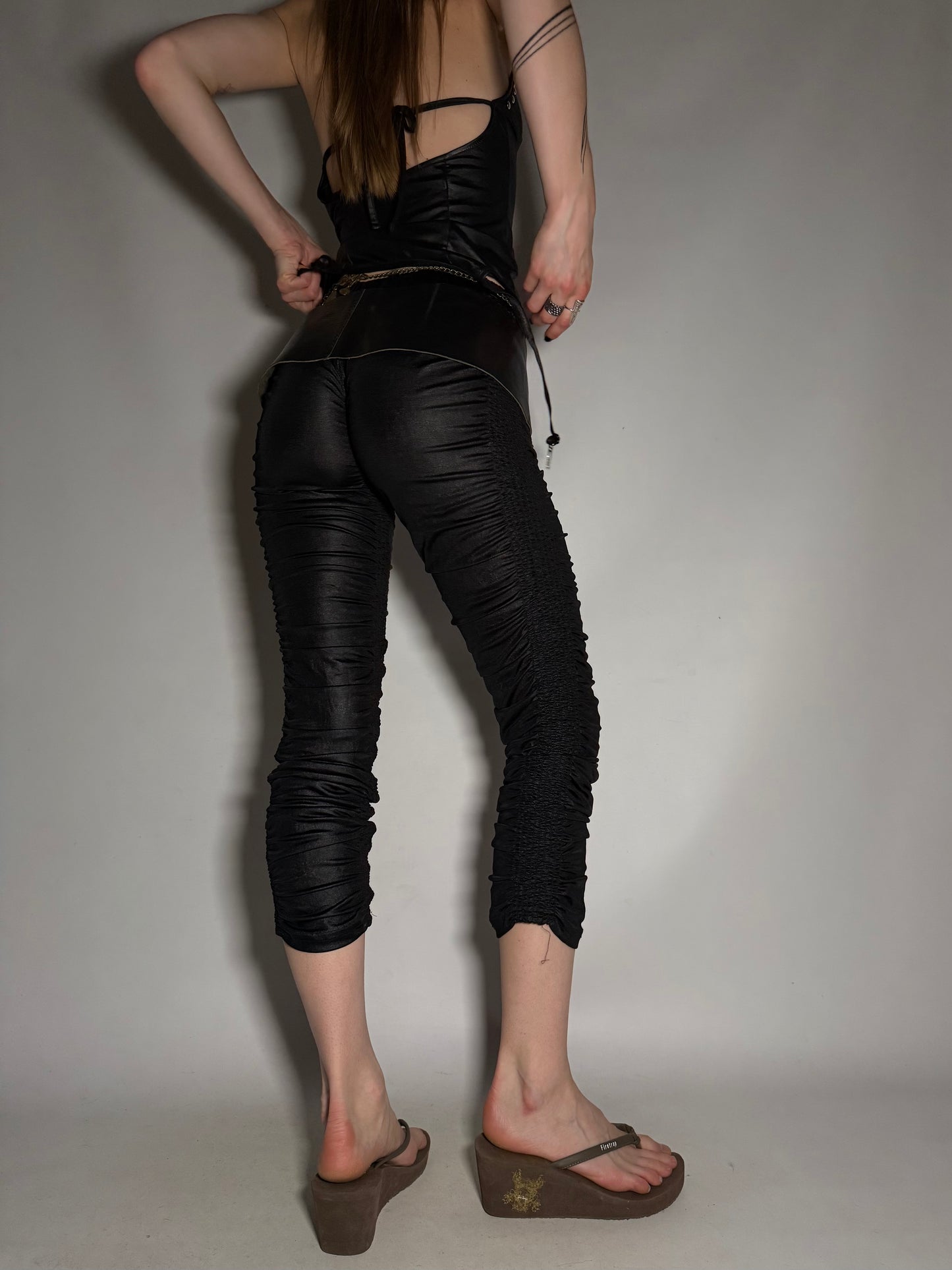 Y2K Black Ruched Capri Pants with Shiny Stretch Fabric Twinkling