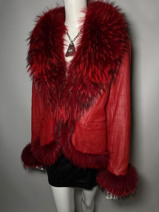Vintage red leather jacket with natural fur Twinkling Global